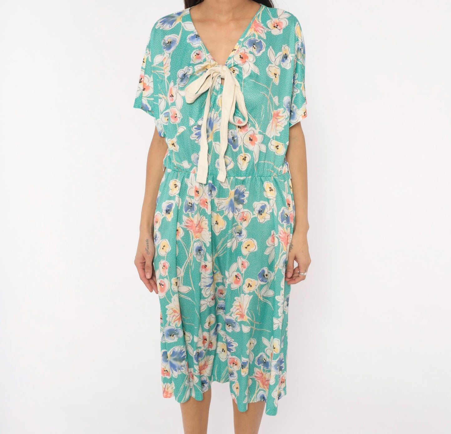 80s Pansy Floral Dress Teal V-Neck Bow Blouson Knee Length Extra Large