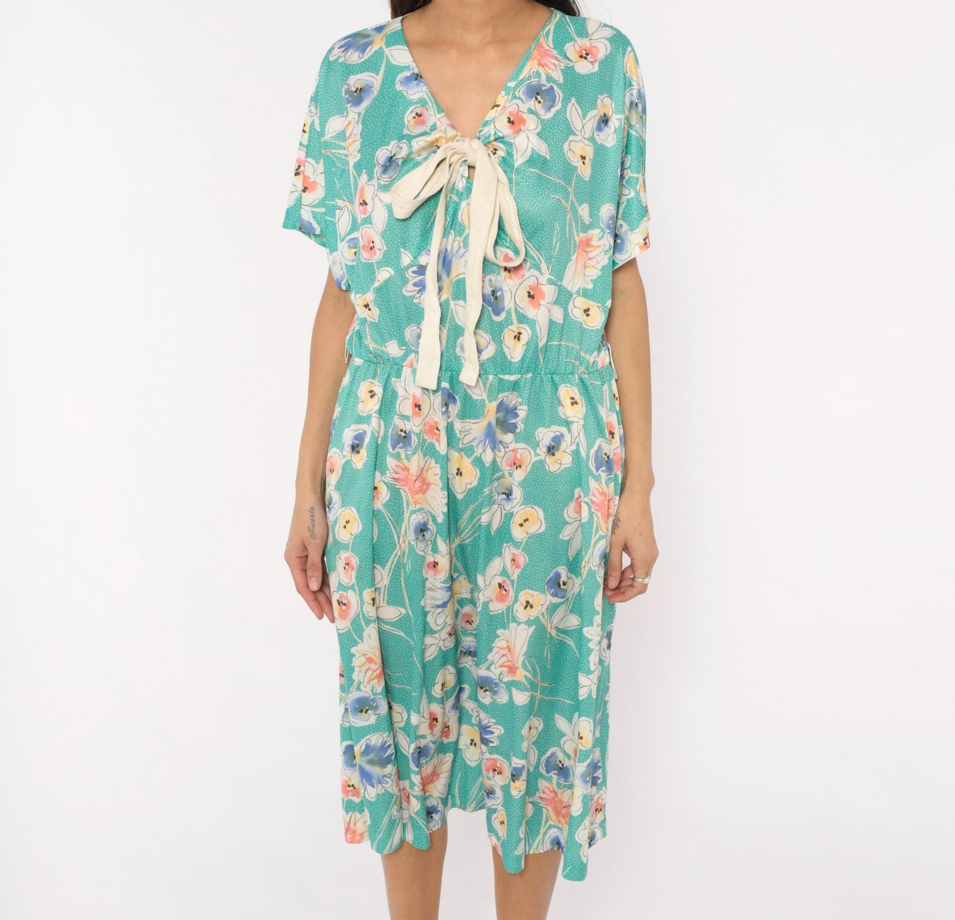 80s Pansy Floral Dress Teal V-Neck Bow Blouson Knee Length Extra Large
