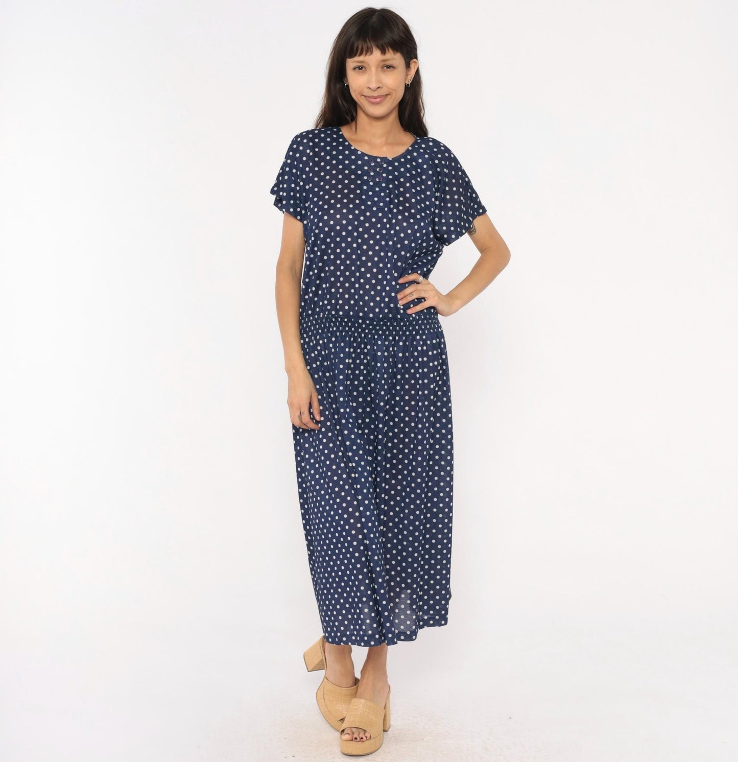 80s Darian Navy White Polka Dot Midi Dress Elastic Waist Short Sleeve Extra Large XL