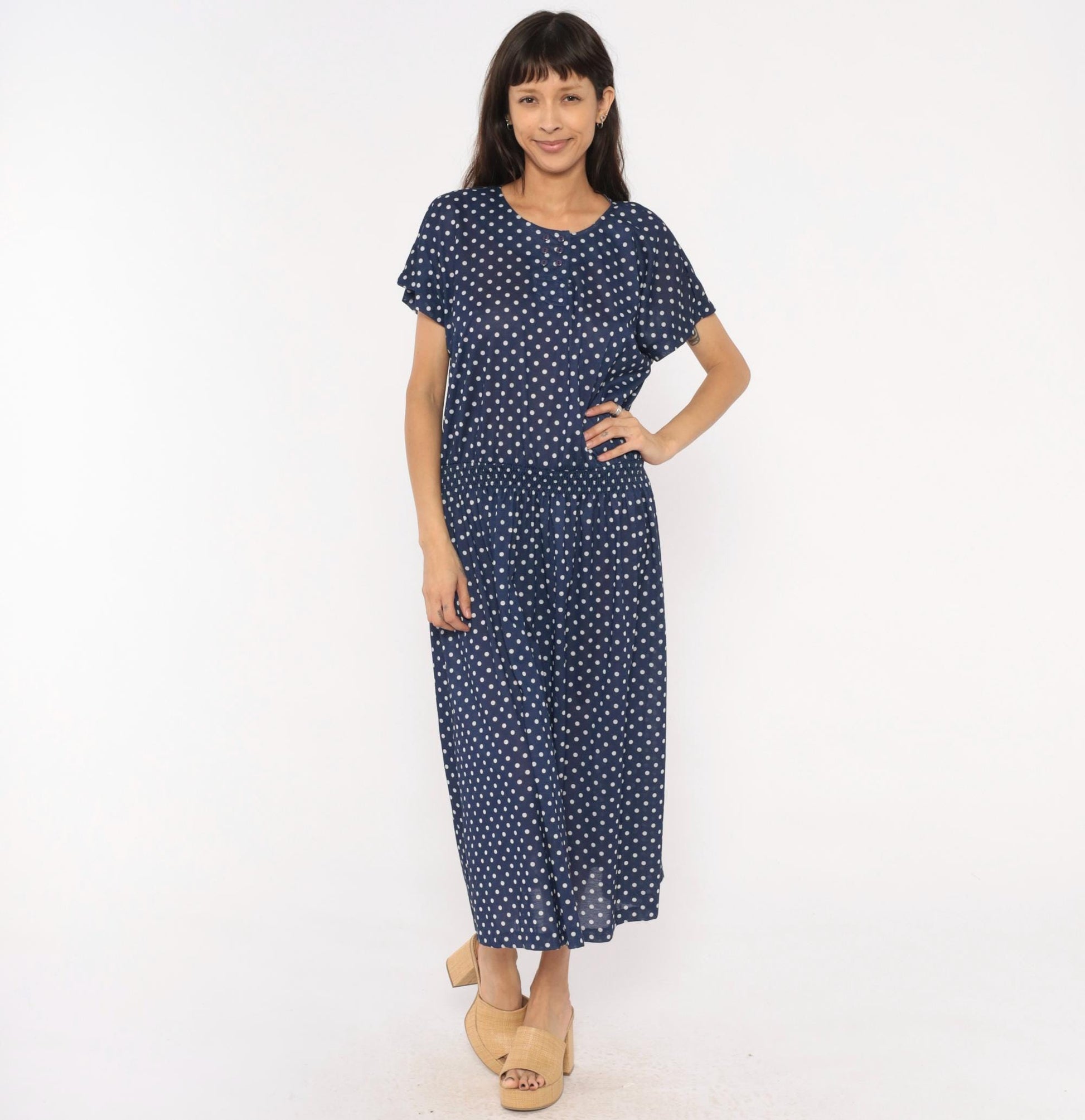 80s Darian Navy White Polka Dot Midi Dress Elastic Waist Short Sleeve Extra Large XL