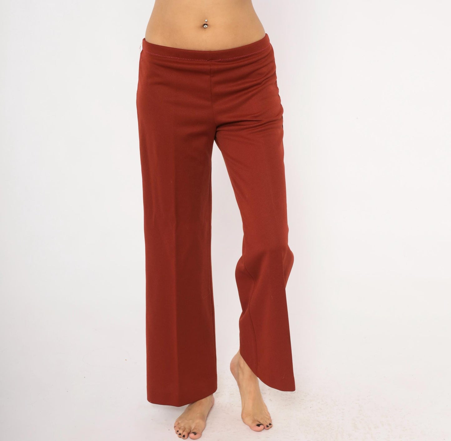70s Rust Wide Leg Pants Elastic Waist Flare Bottom Pull On Trousers Large L