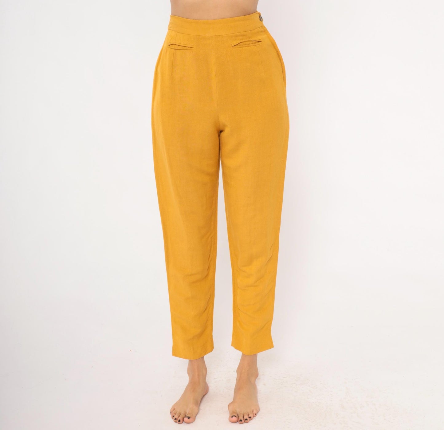 90s Sāke Mustard Linen High-Waist Tapered Trousers Extra Small XS