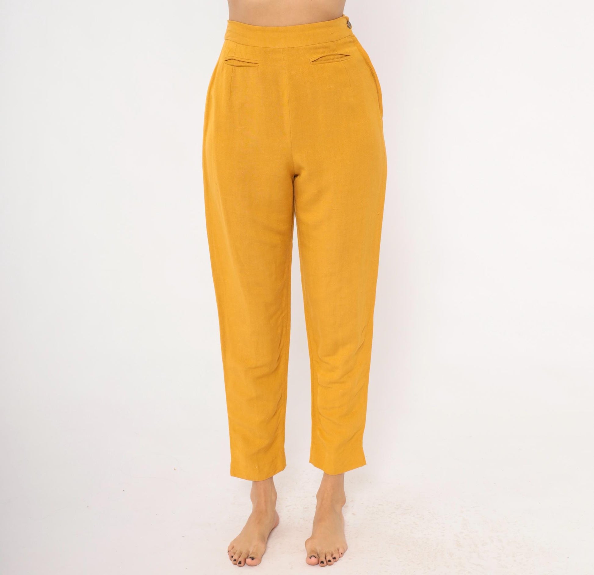 90s Sāke Mustard Linen High-Waist Tapered Trousers Extra Small XS