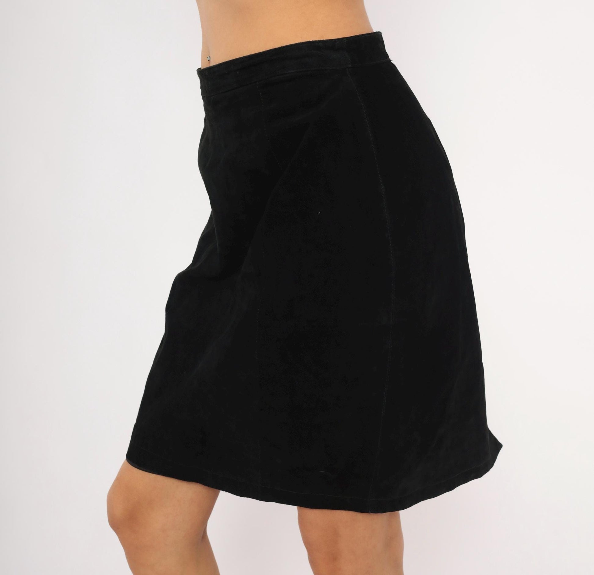 90s Black Suede Pencil Skirt High Waist Knee Length Medium M