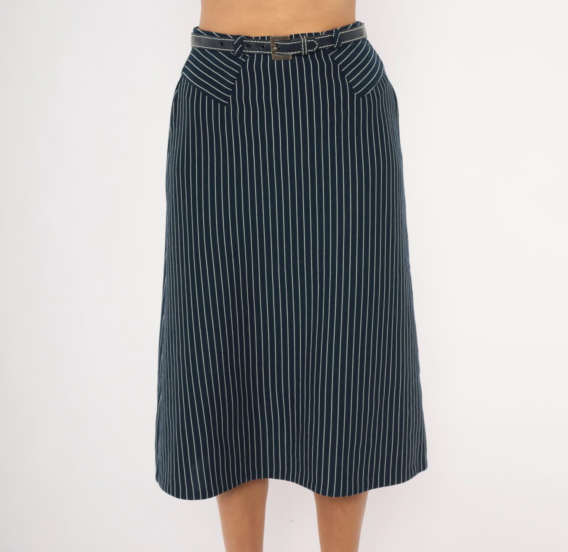 70s Jantzen Navy Pinstripe Midi Skirt Belted White Stripe Small S