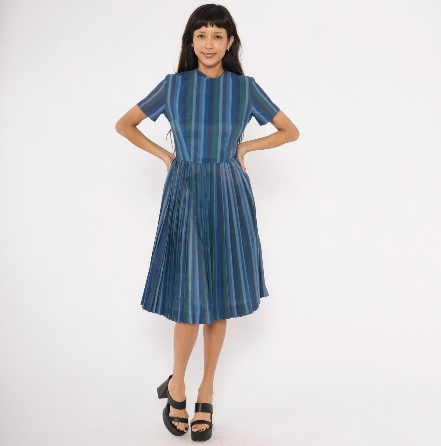 60s Stacy Ames Striped Pleated Midi Dress Navy Teal Crew Neck Small