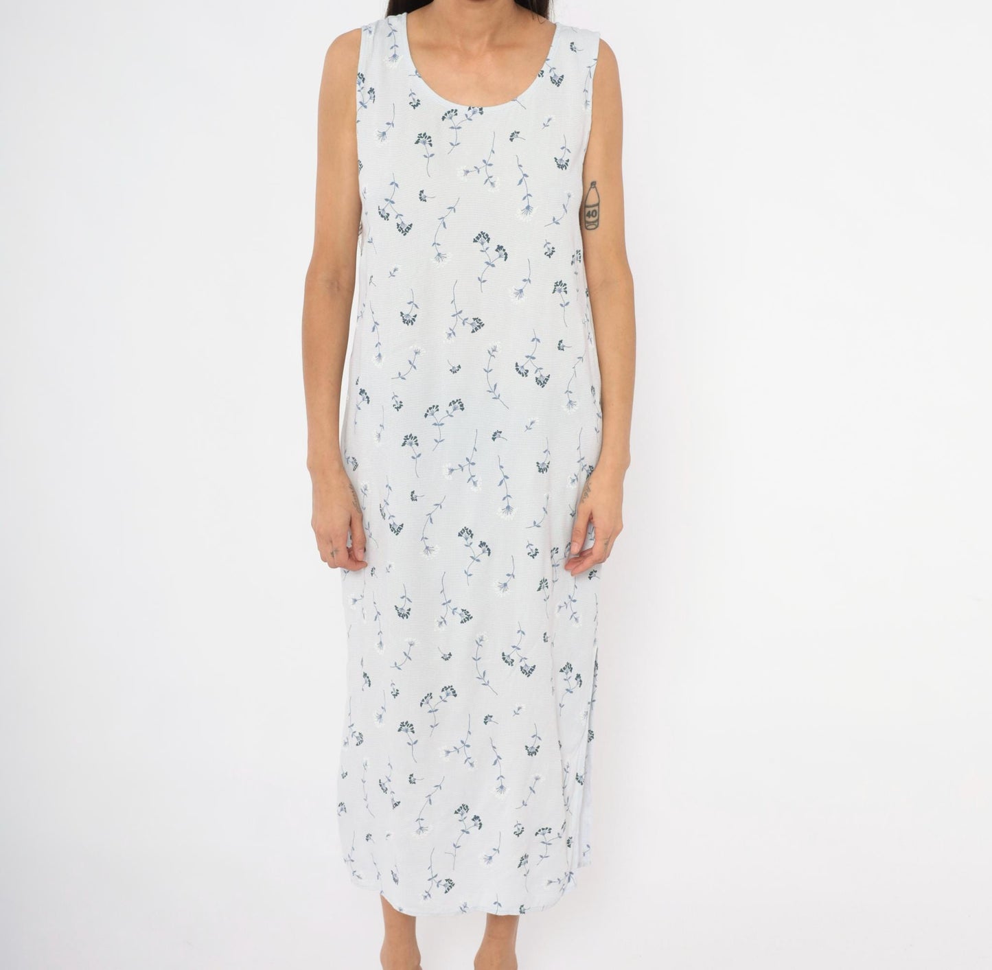 90s Notations Floral Maxi Dress White Navy Wildflower Sleeveless Medium