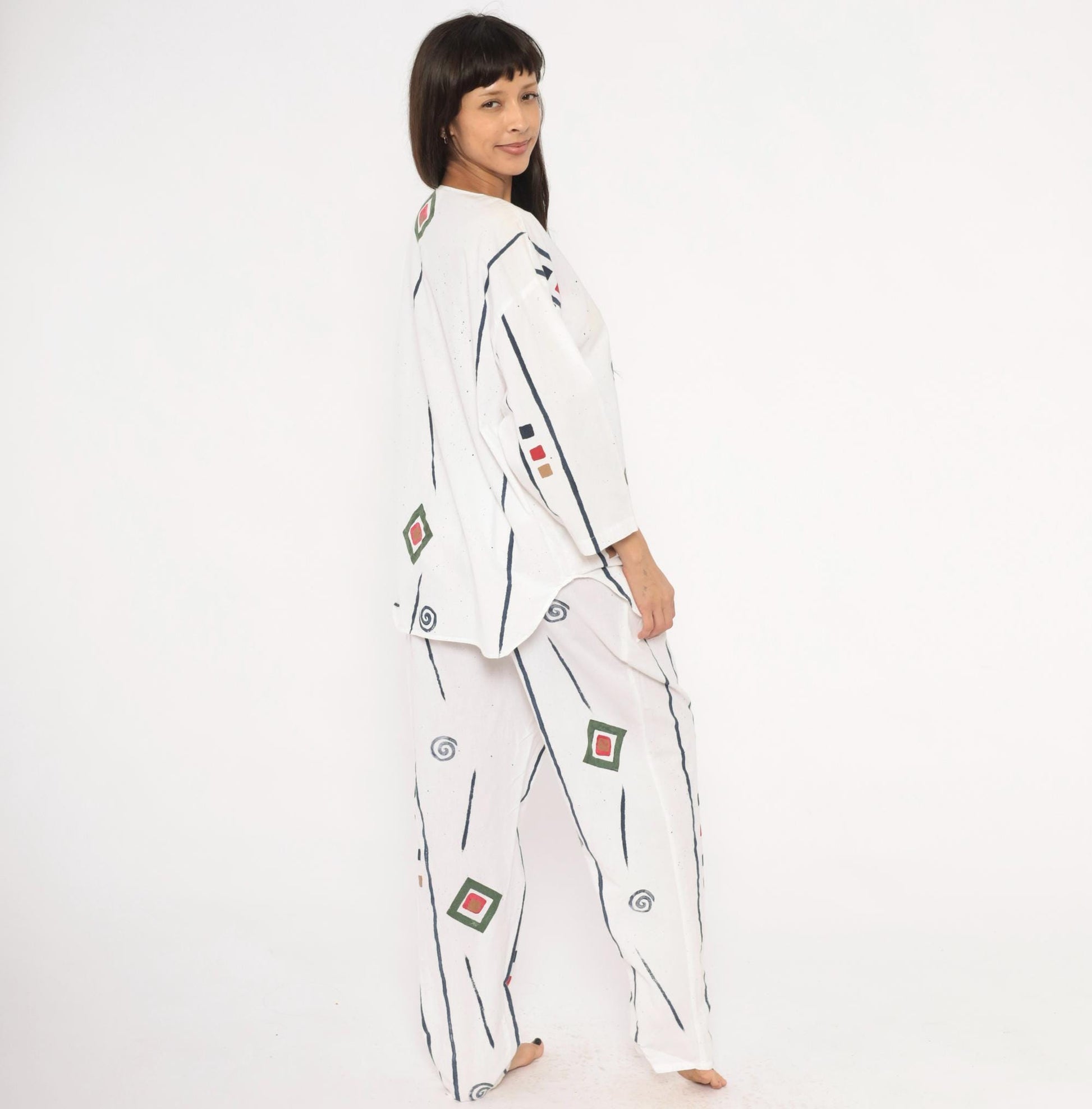 90s Allegre Geometric Print Cotton Two Piece Set White Large L