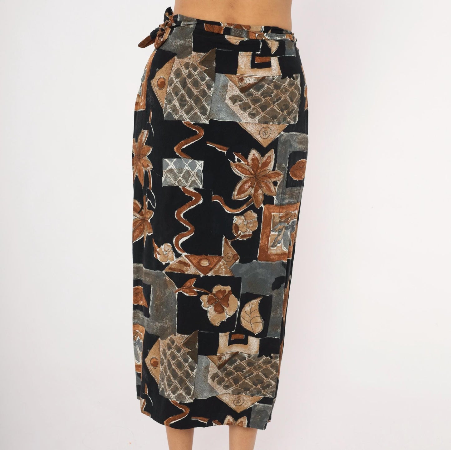 90s Abstract Botanical Wrap Skirt Black Patchwork Midi Small S