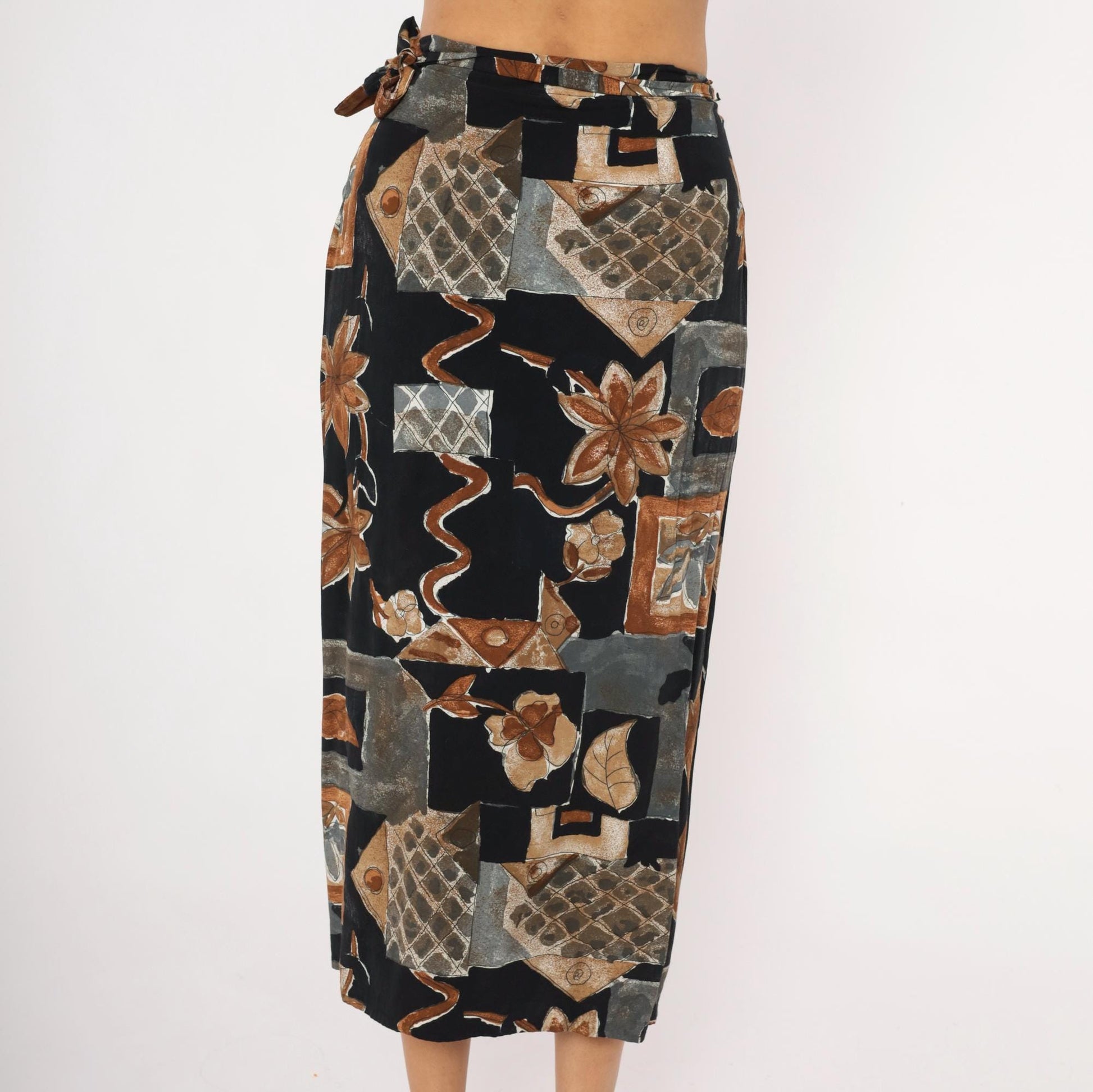 90s Abstract Botanical Wrap Skirt Black Patchwork Midi Small S