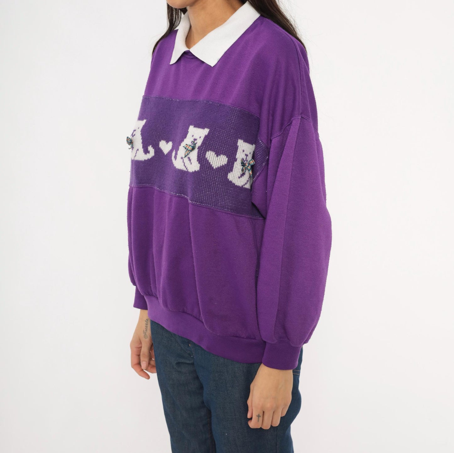 90s Purple Cat Collared Sweatshirt White Collar Plaid Bow Heart Panel Plus Size 1X