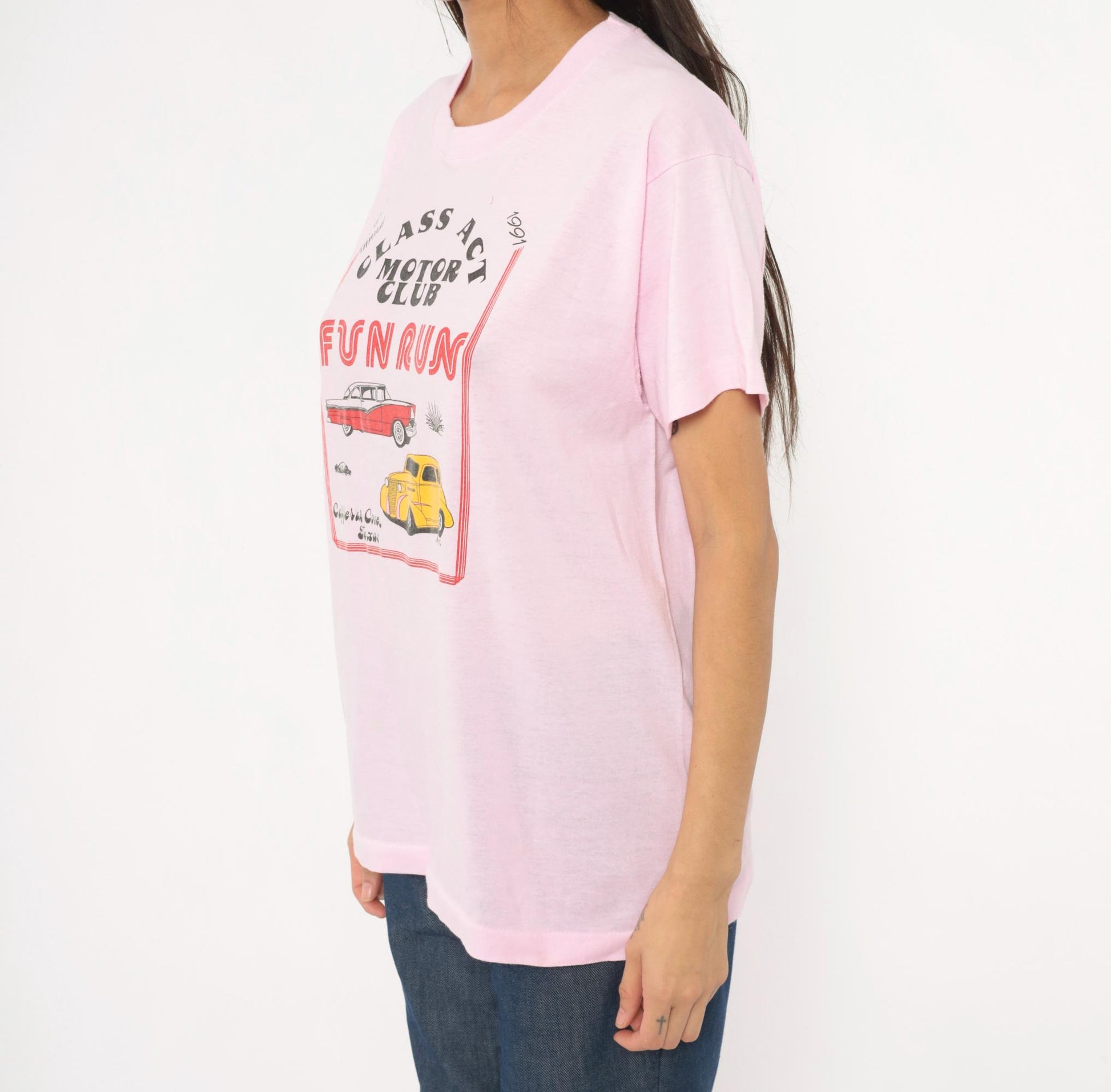80s Screen Stars Class Act Motor Club Hot Rod Tee Pink Graphic XL