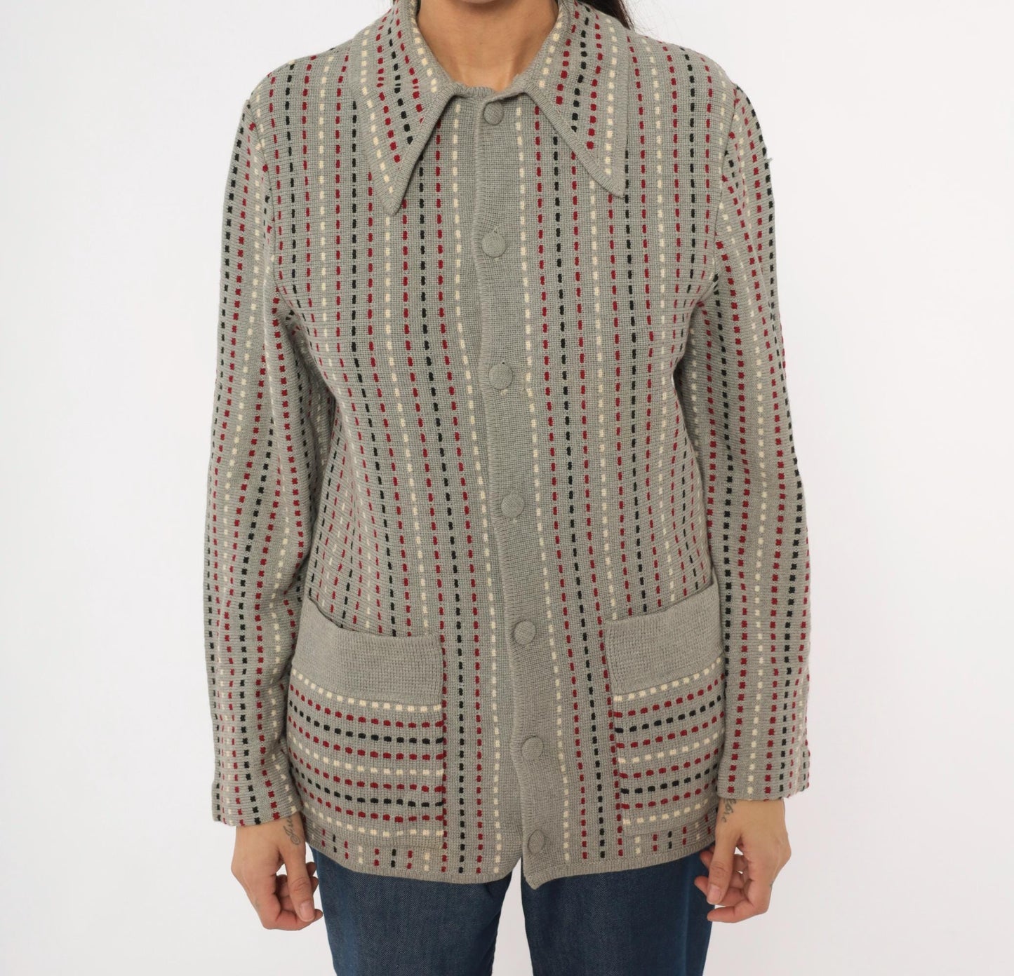 70s Damon Wool Cardigan Grey Dotted Stripe Burgundy Black Cream Medium M