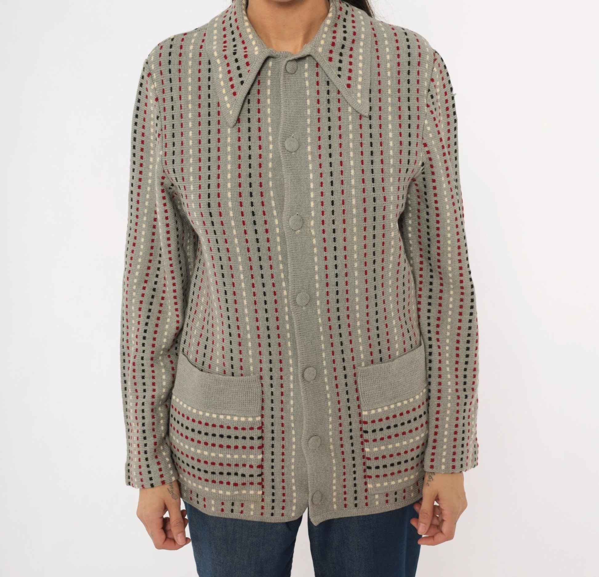 70s Damon Wool Cardigan Grey Dotted Stripe Burgundy Black Cream Medium M