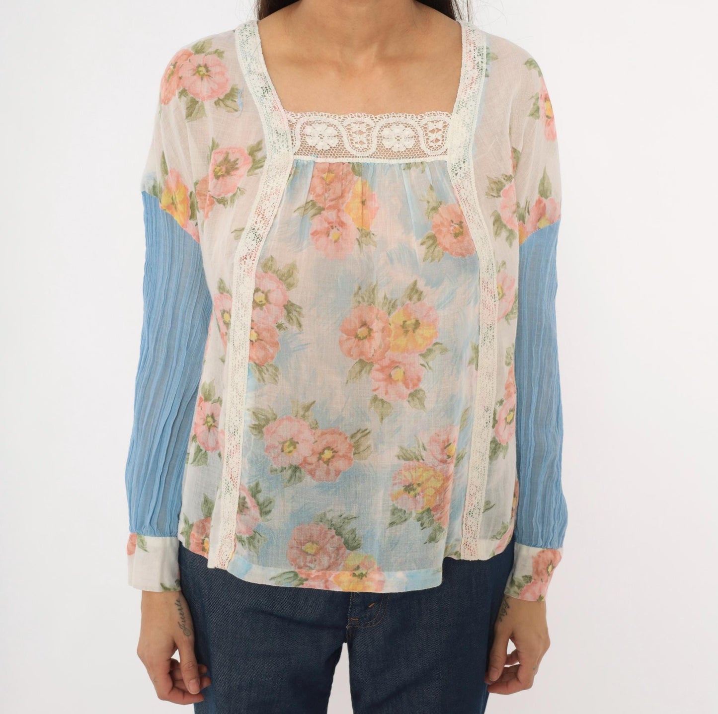 70s Arnelle of California Floral Peasant Blouse Pink Rose Cotton Gauze Medium