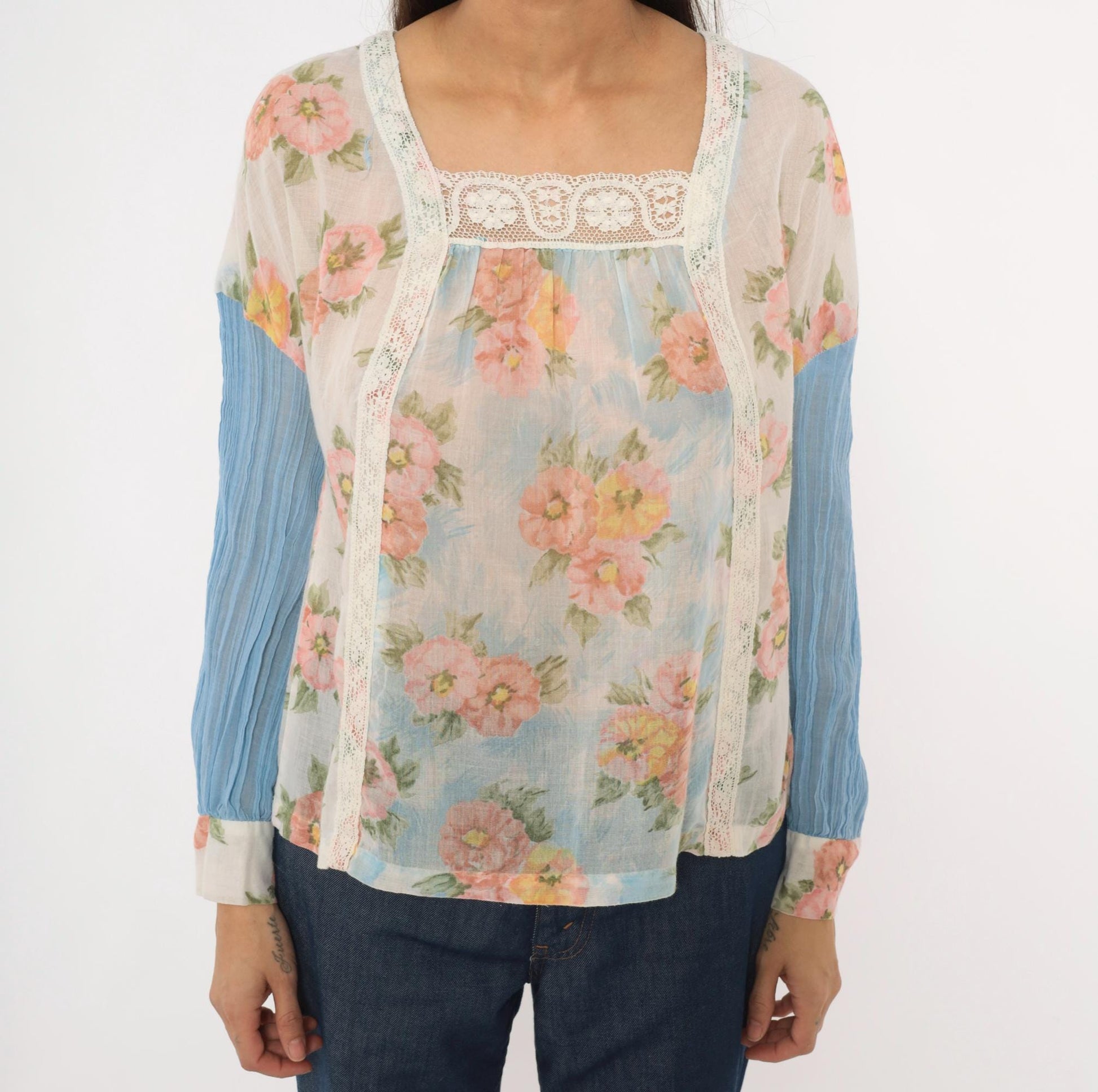70s Arnelle of California Floral Peasant Blouse Pink Rose Cotton Gauze Medium