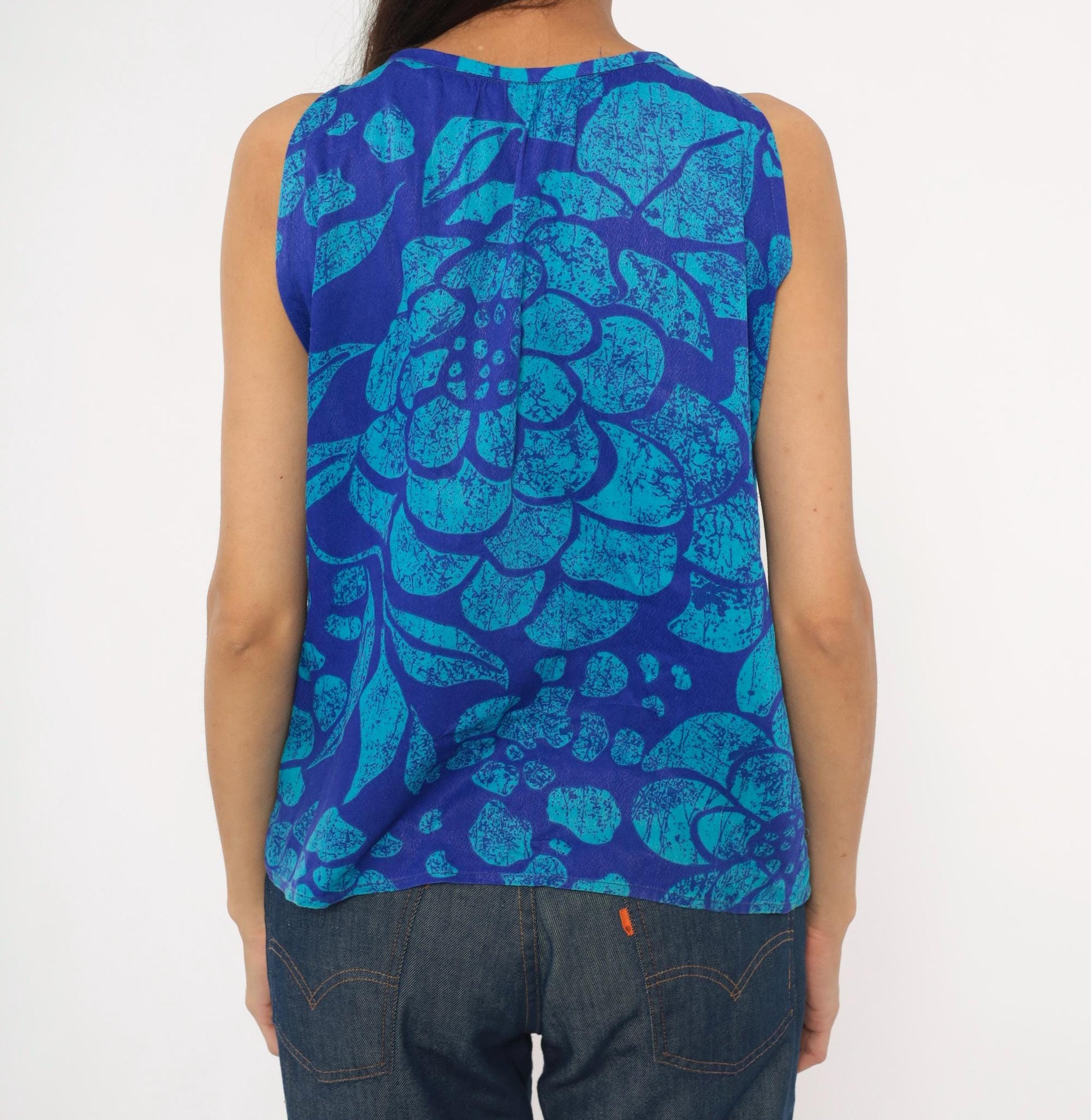 70s Batik Floral Tank Top Cobalt Teal Cotton Scoop Neck Medium M
