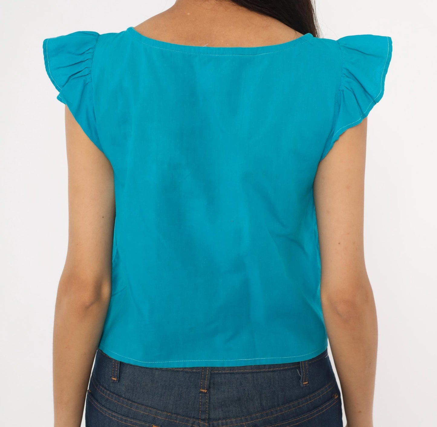 90s Teal Cutwork Cotton Blouse Flutter Cap Sleeve Crop Extra Small XS
