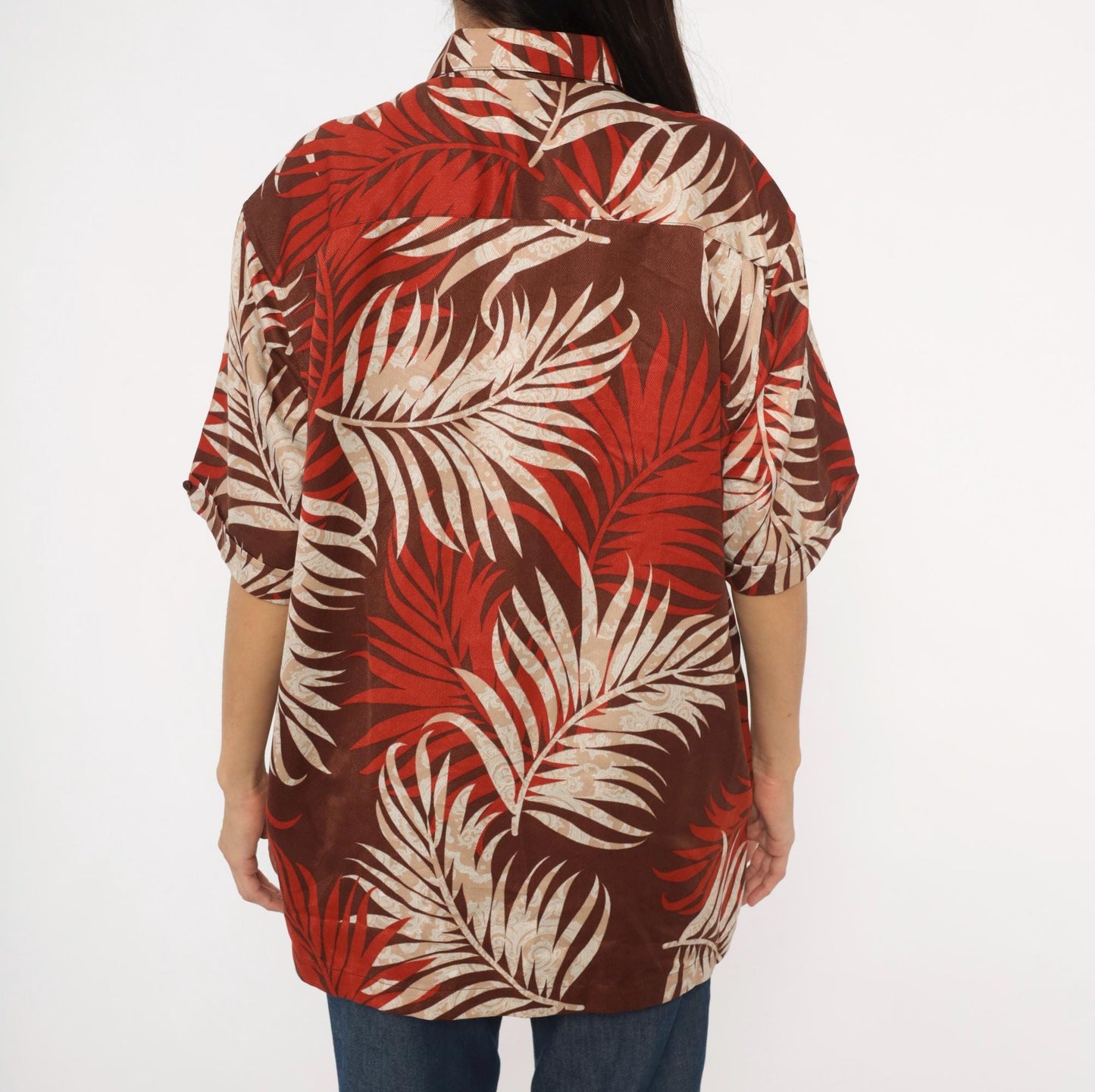 Y2K Havanera Hawaiian Shirt Palm Frond Print Rust Brown Cream Extra Large XL