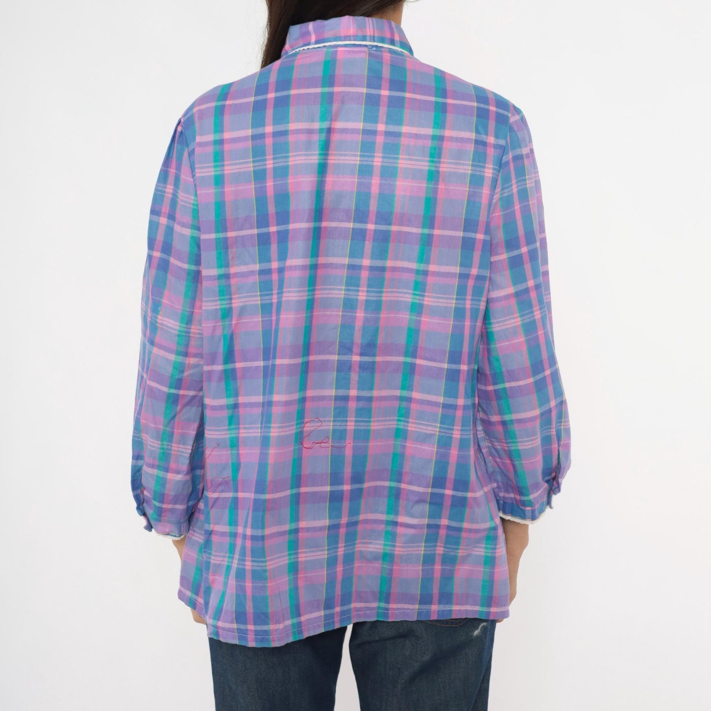 80s Maggie Sweet Plaid Puff Sleeve Blouse Peter Pan Collar Purple Teal Large