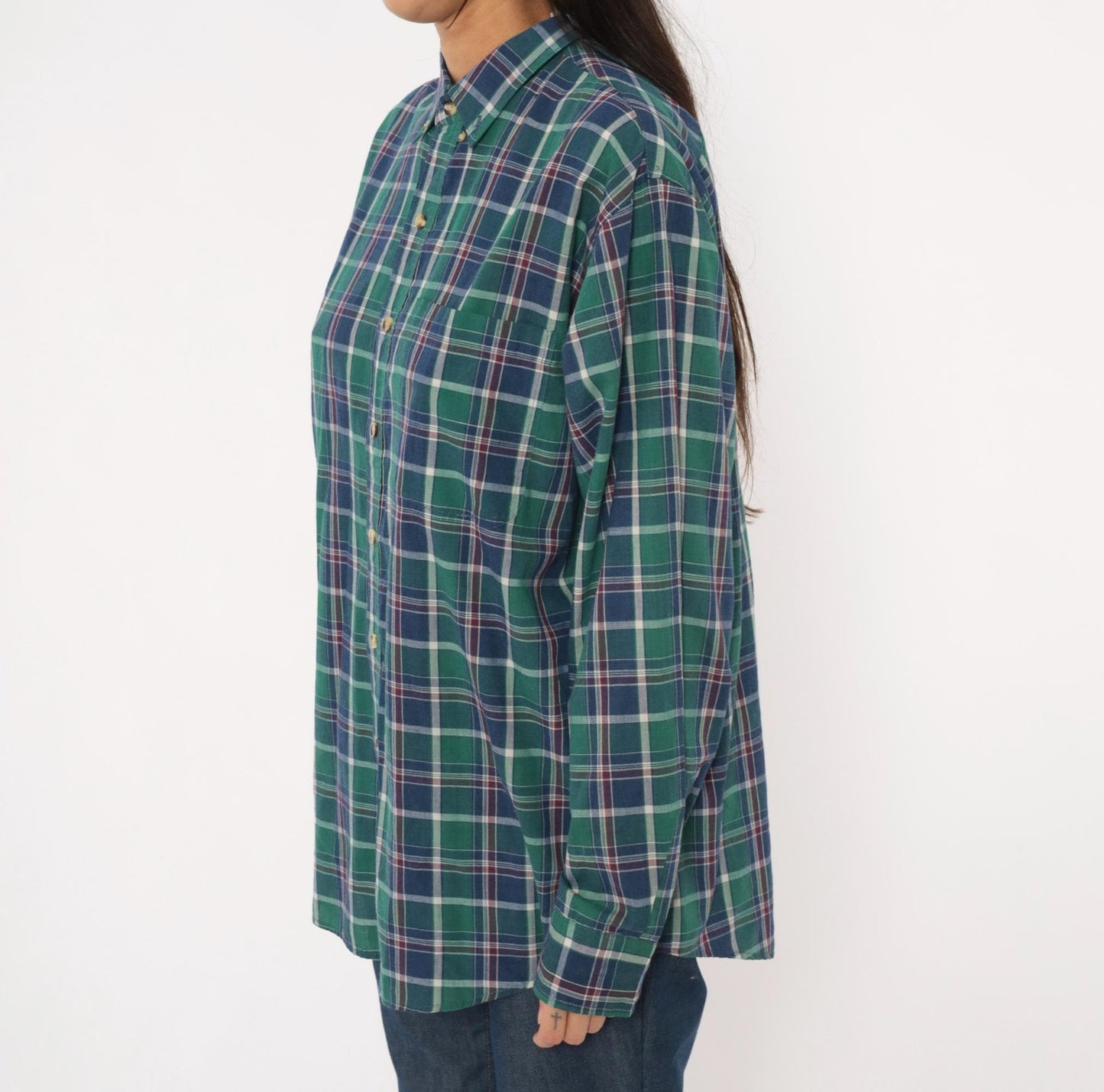 80s McGregor Plaid Flannel Button-Down Shirt Forest Green Navy Tartan Large L