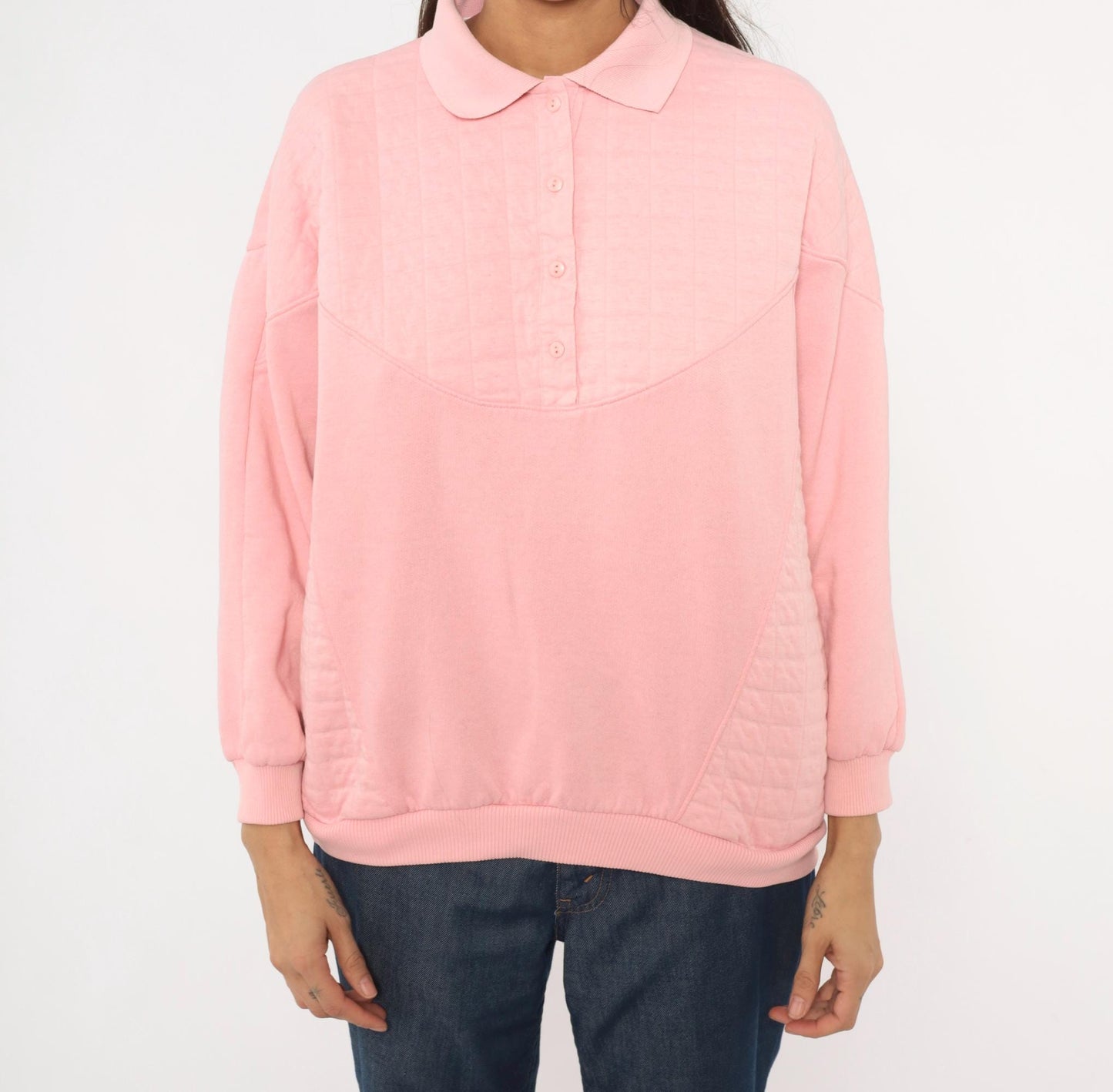 90s Casual Isle Quilted Collared Sweatshirt Pink Large L