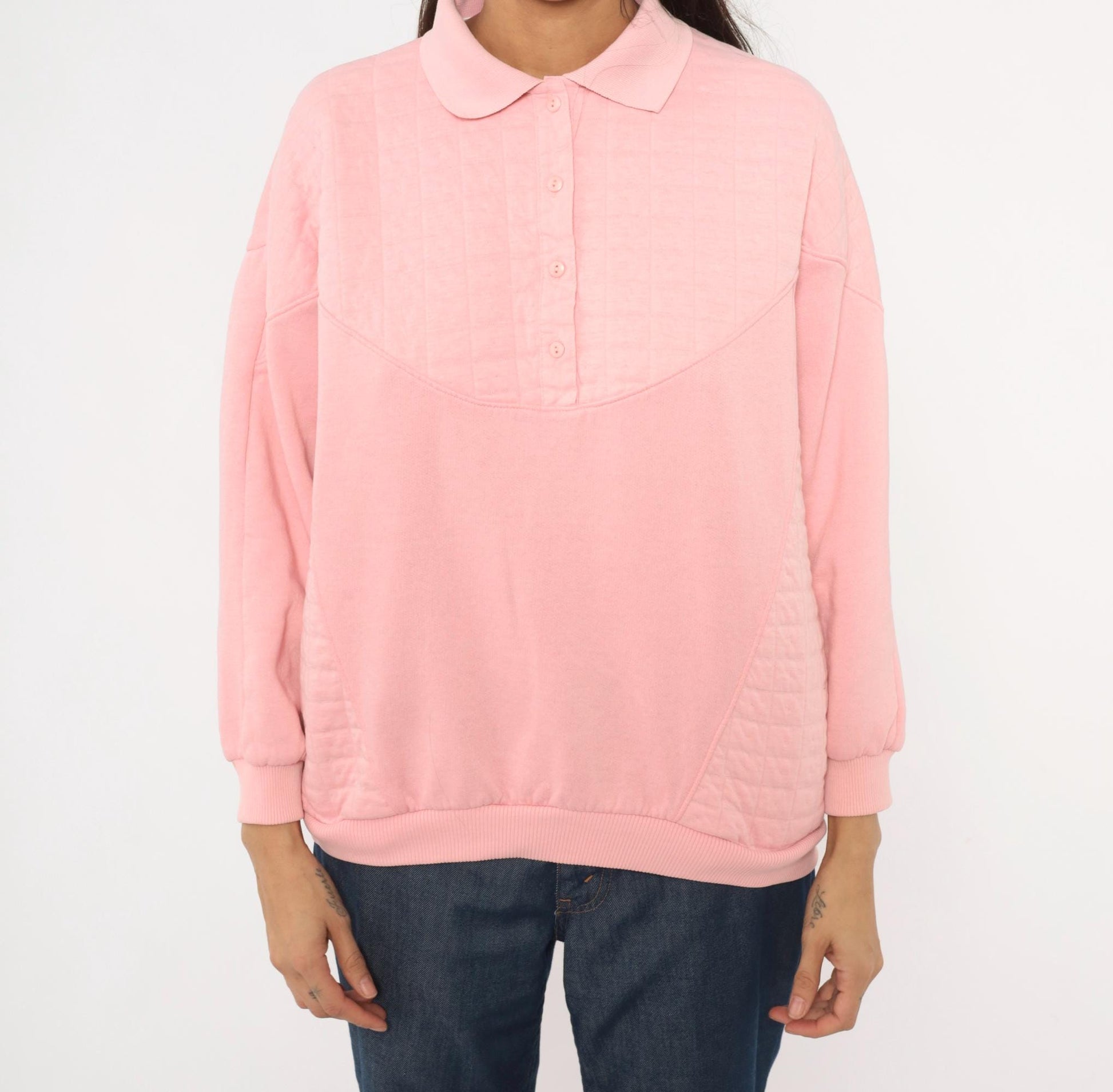 90s Casual Isle Quilted Collared Sweatshirt Pink Large L