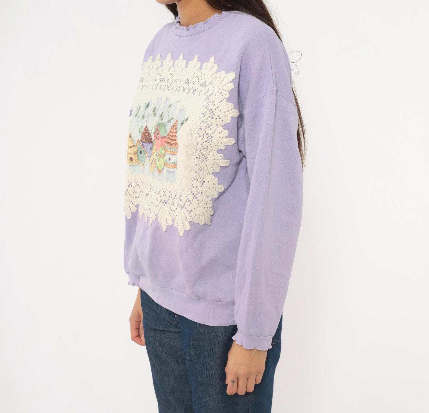 90s Tultex Lavender Birdhouse Applique Sweatshirt Ruffled Crewneck Large L