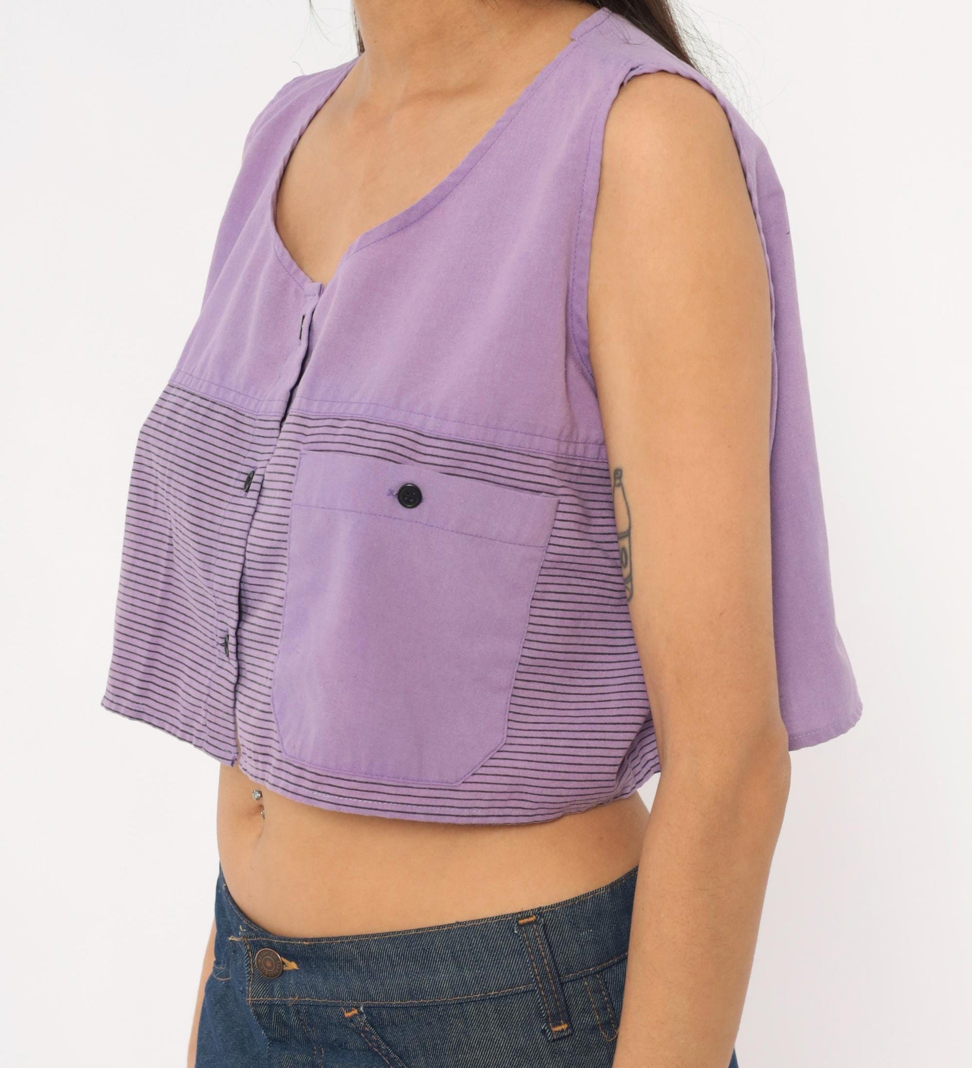 90s Award Winning Lilac Crop Top Striped Scoop Neck Sleeveless Extra Large XL