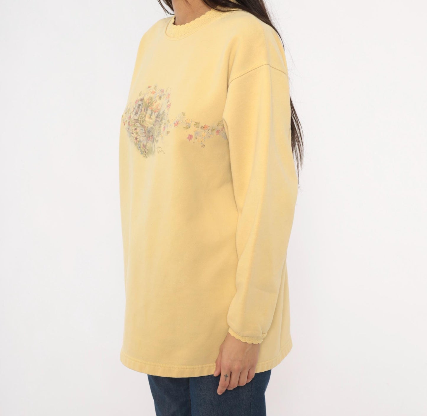 90s Northern Reflections Butter Yellow Garden Scene Sweatshirt Cotton Large L