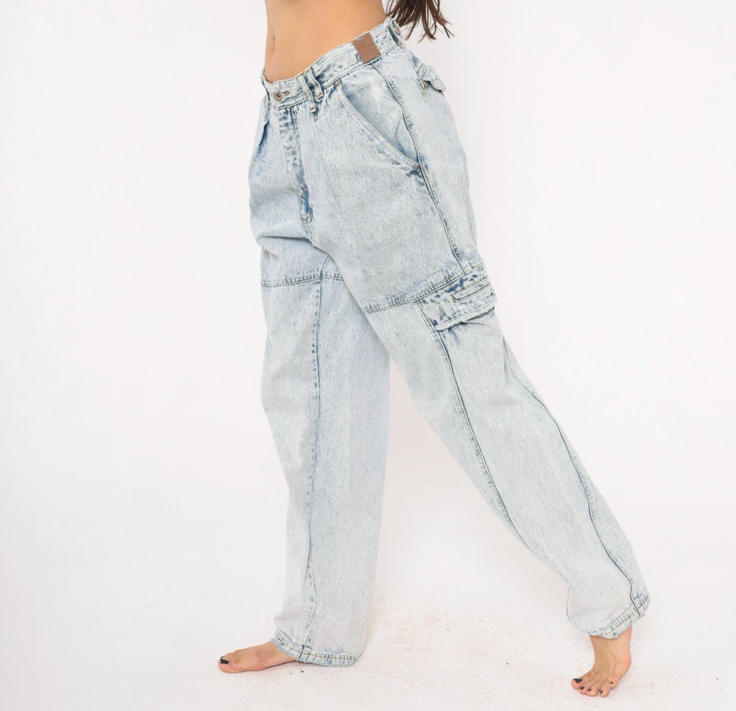 80s Bugle Boy Acid Wash Cargo Jeans Light Blue High Rise 33L