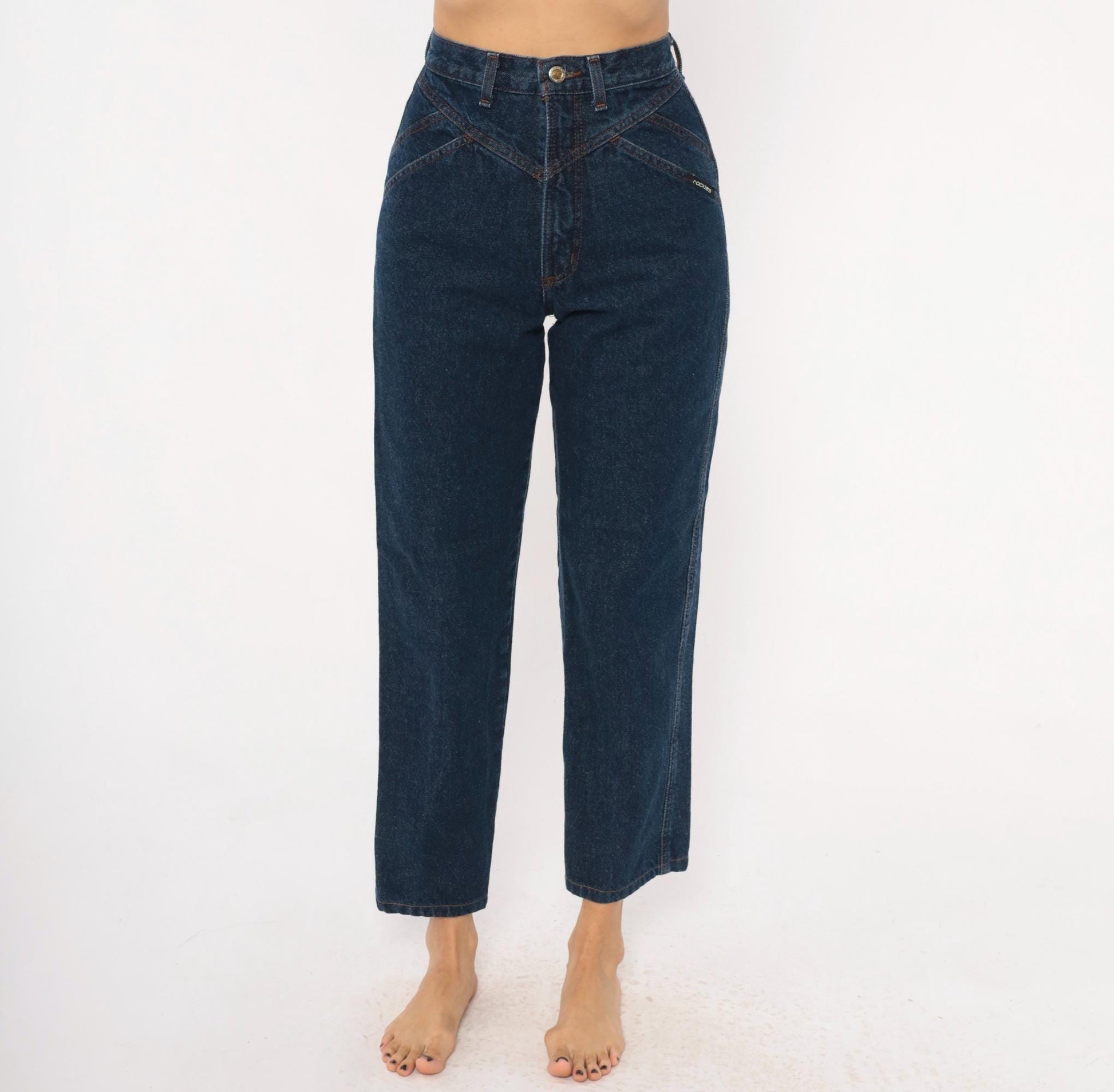 90s Rockies High Waisted Dark Wash Denim Mom Jeans Navy Tapered Leg Extra Small XS