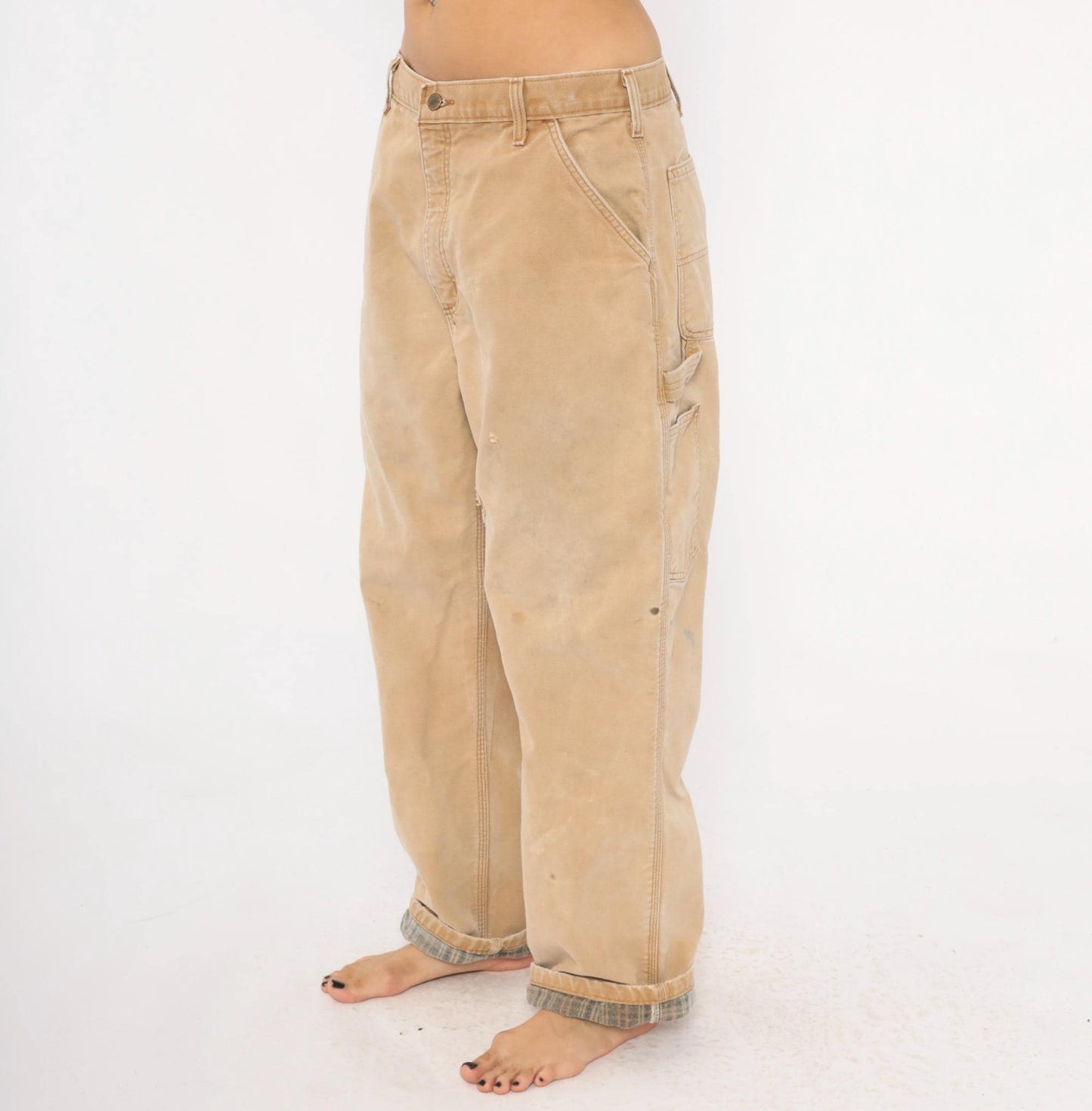 Carhartt Carpenter Pants Flannel Lined Canvas Straight Leg Tan Distressed Extra Large XL