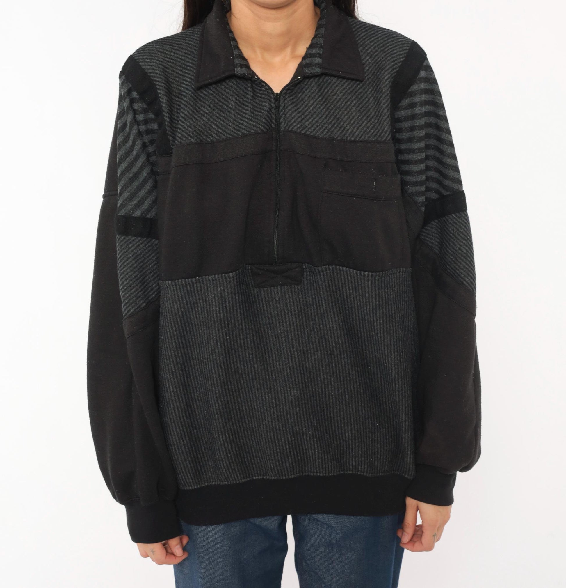 90s Alexxus Half-Zip Pullover Black Grey Patchwork Colorblock Sweatshirt Extra Large