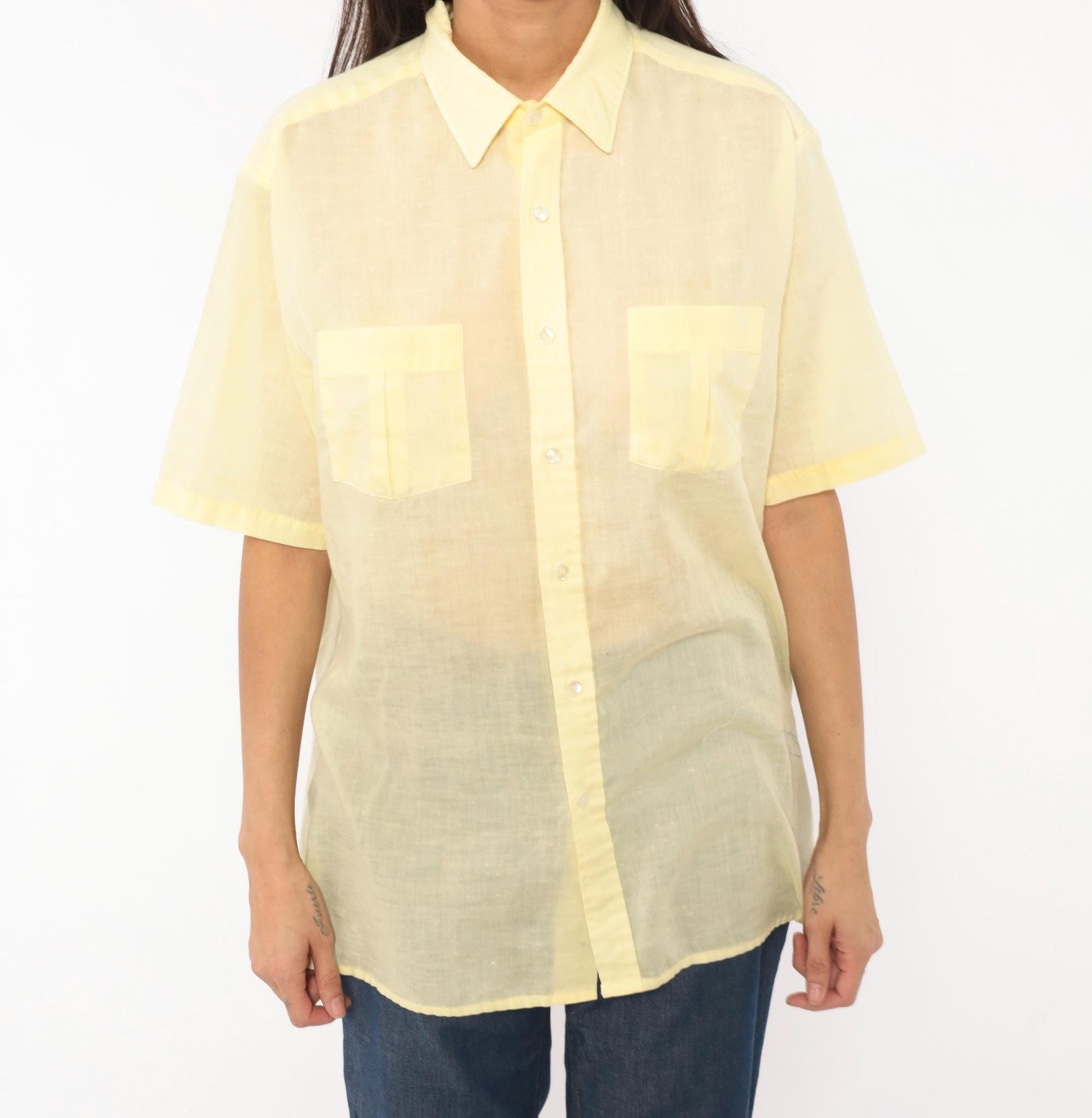 70s Arrow Pale Yellow Camp Collar Shirt Short Sleeve Pointed Chest Pockets Medium