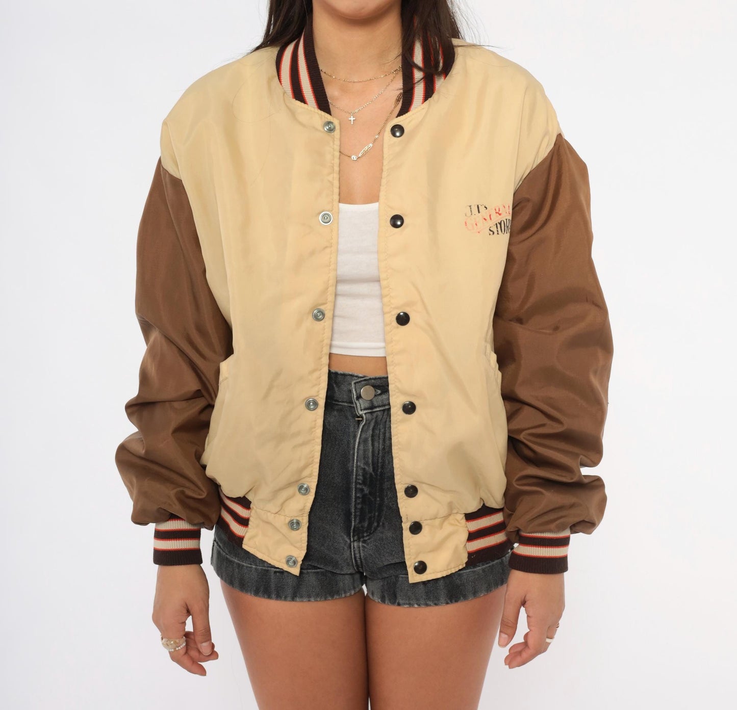 80s DeLong Sportswear Varsity Bomber Tan Brown Striped Nylon Windbreaker Extra Large XL