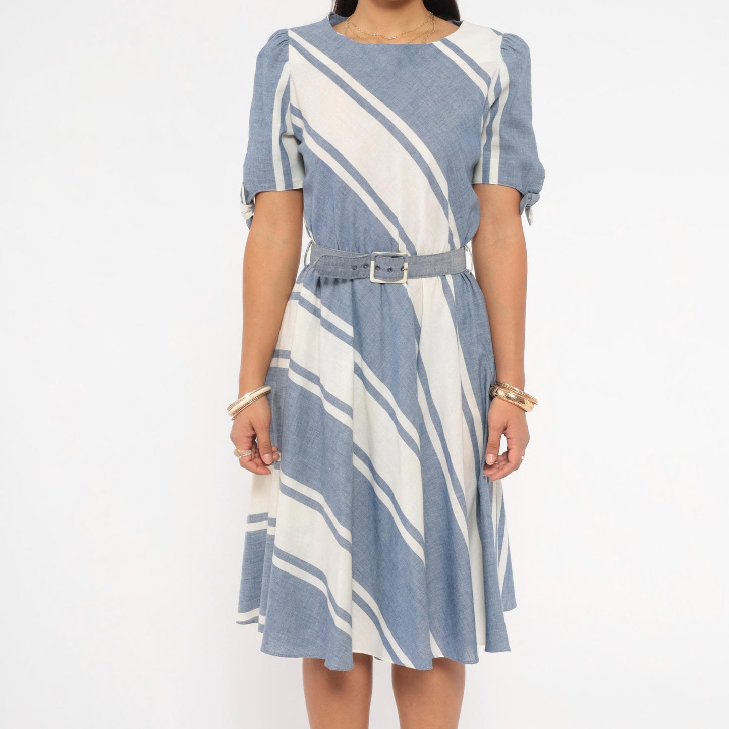 80s SL Petites Diagonal Stripe Dress Blue White Cotton Puff Sleeve Medium