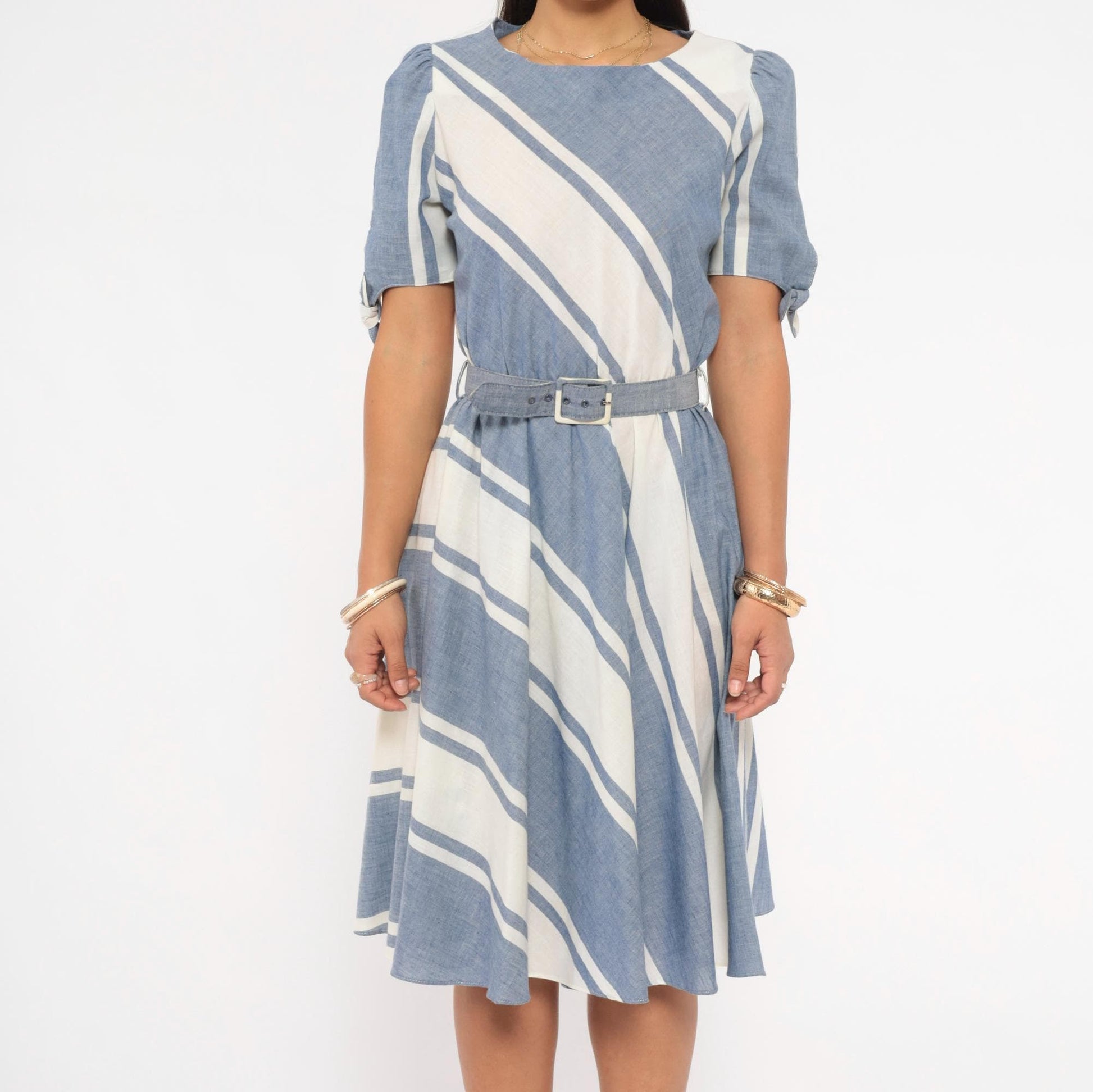 80s SL Petites Diagonal Stripe Dress Blue White Cotton Puff Sleeve Medium