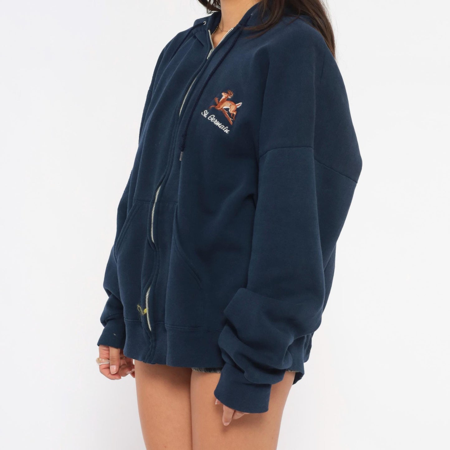 90s St Germain Deer Embroidered Navy Zip Hoodie Full Zip Sweatshirt Extra Large