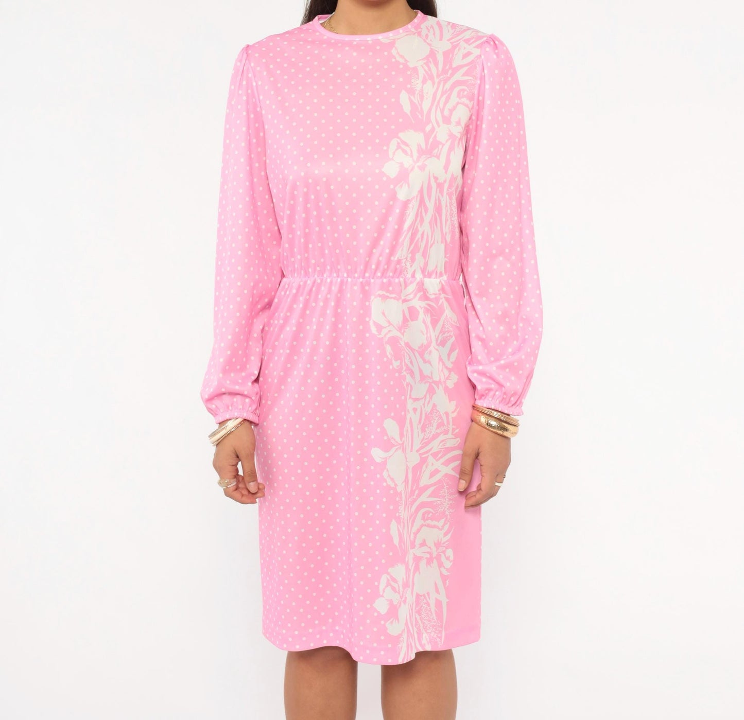 80s Blair Pink Polka Dot Dress Puff Sleeve Floral Print Knee-Length Small