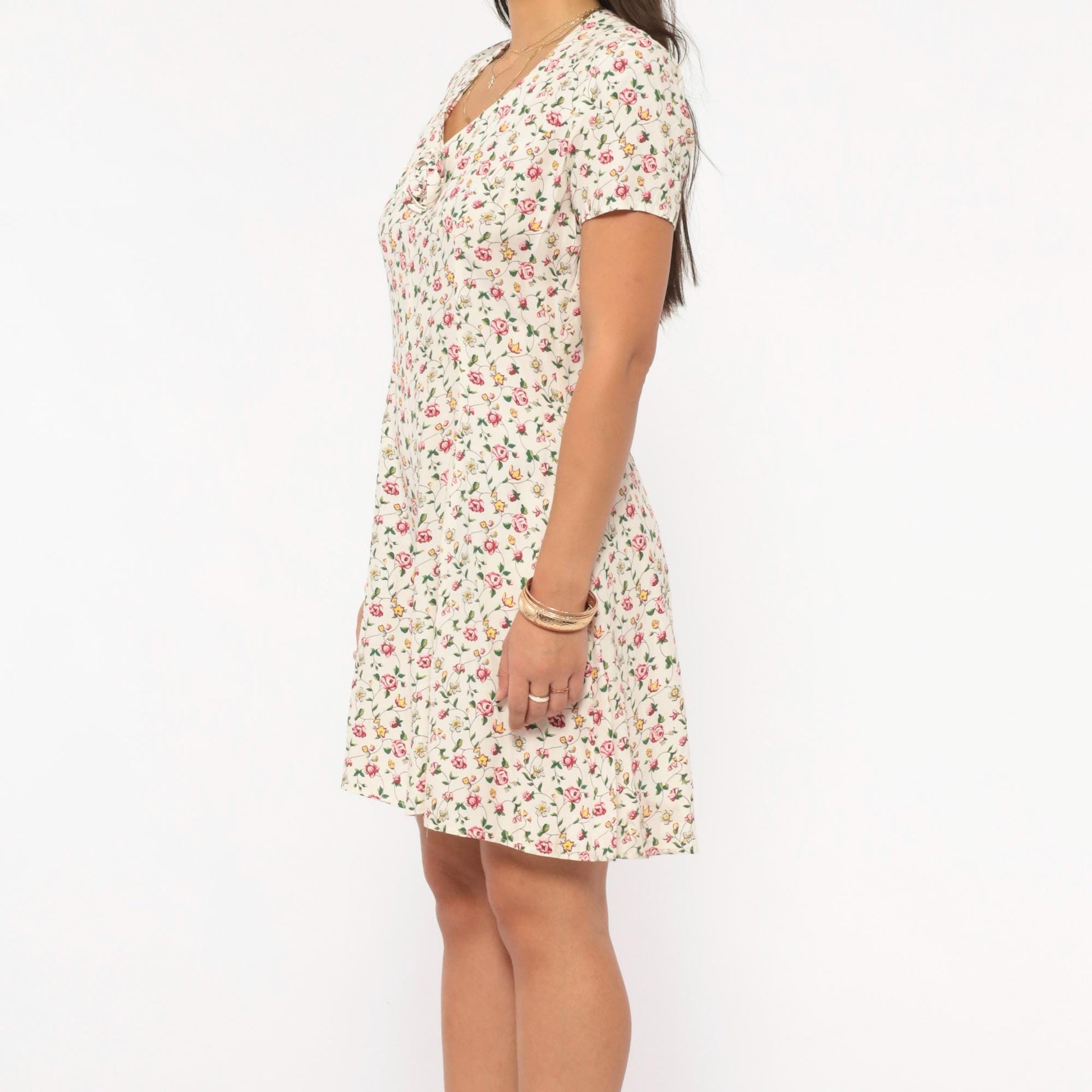 90s Spoiled Girls Floral Mini Romper Cream Rose Print V-Neck Cutout Extra Small XS