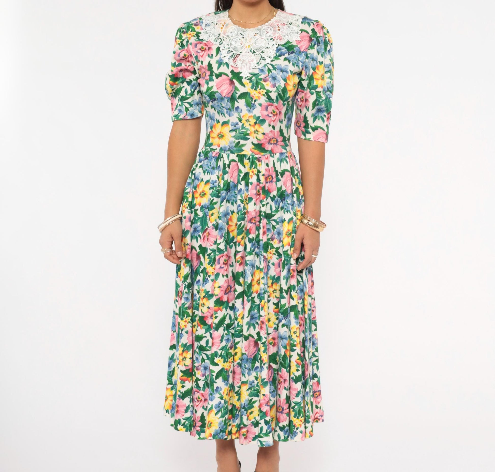 90s Expo Floral Midi Dress Puff Sleeve Lace Collar Cream Multicolor Small