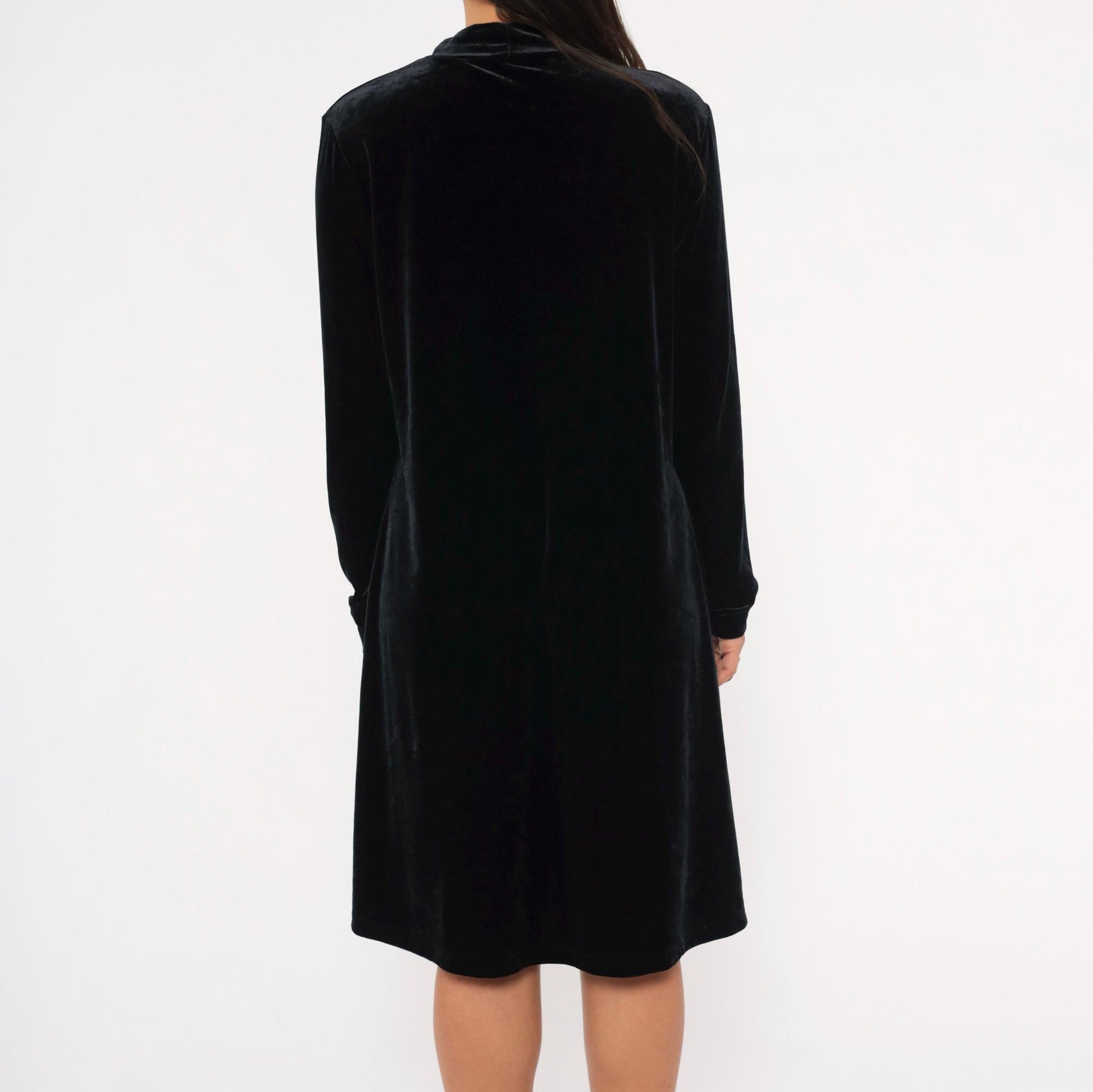 90s Jacqueline Ferrar Black Velvet Swing Dress Mock Neck Long Sleeve Large L