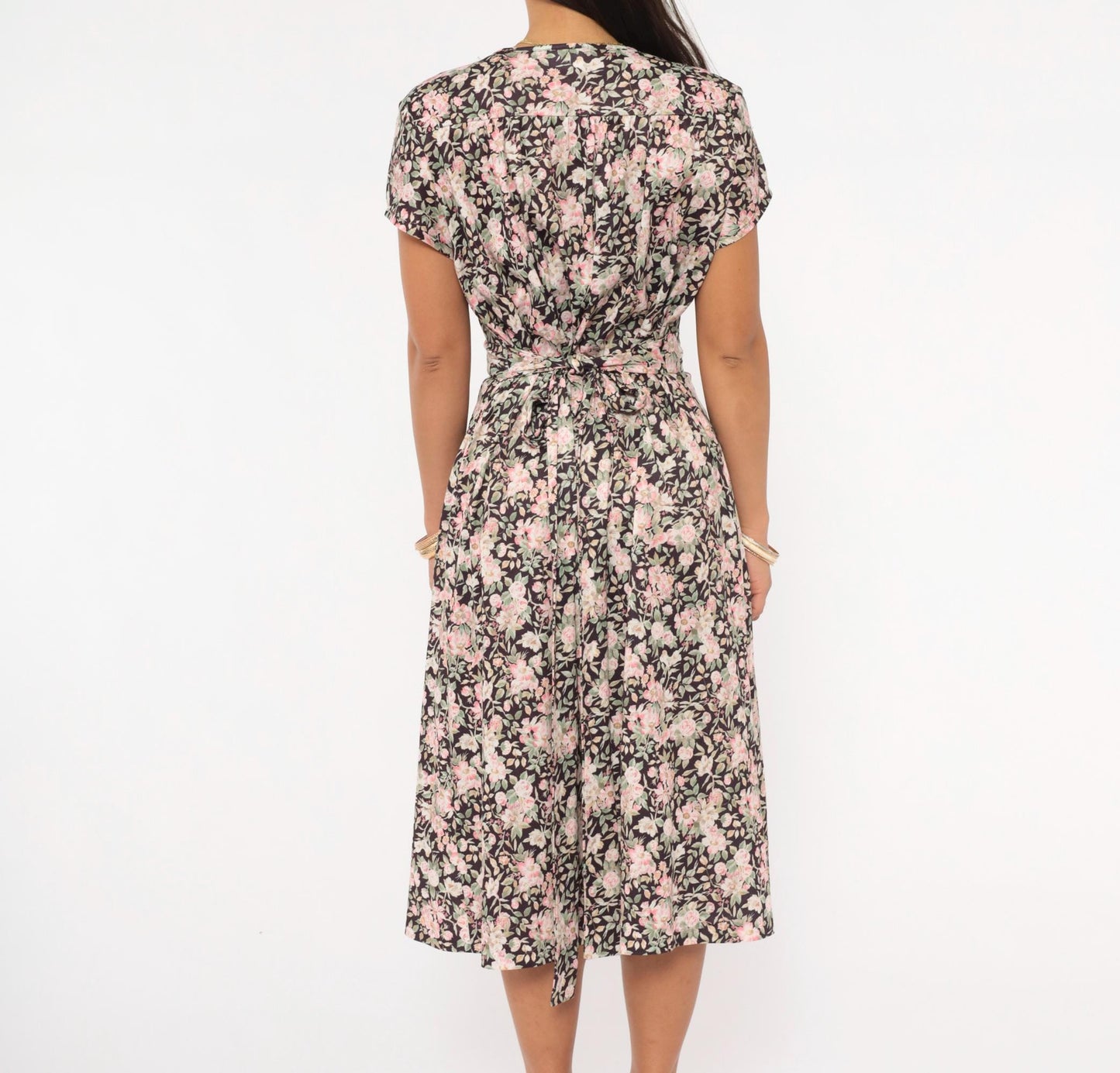 90s Mr. Duval Floral Wrap Dress Midi Garden Print Brown Pink Large L