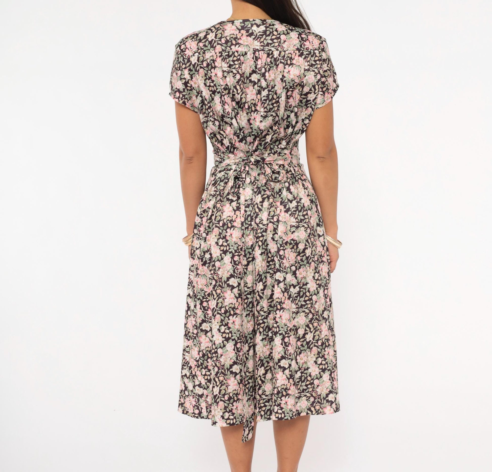 90s Mr. Duval Floral Wrap Dress Midi Garden Print Brown Pink Large L
