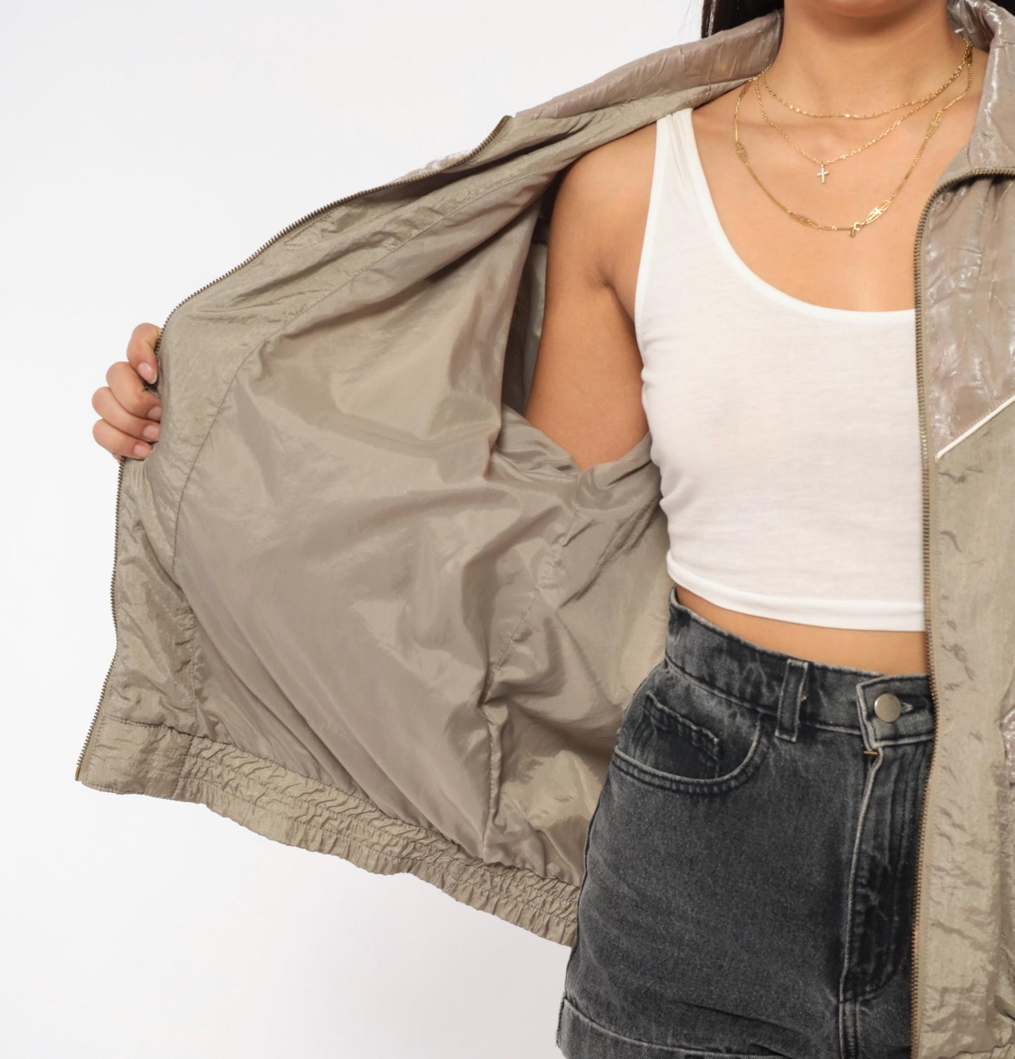 90s Cabin Creek Windbreaker Taupe Nylon Jacket Cream Piping Medium M