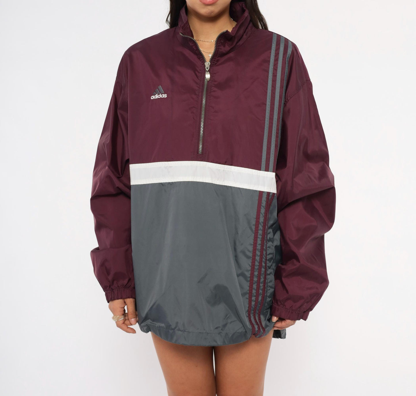90s Adidas Half-Zip Windbreaker Burgundy Grey Colorblock Nylon Large