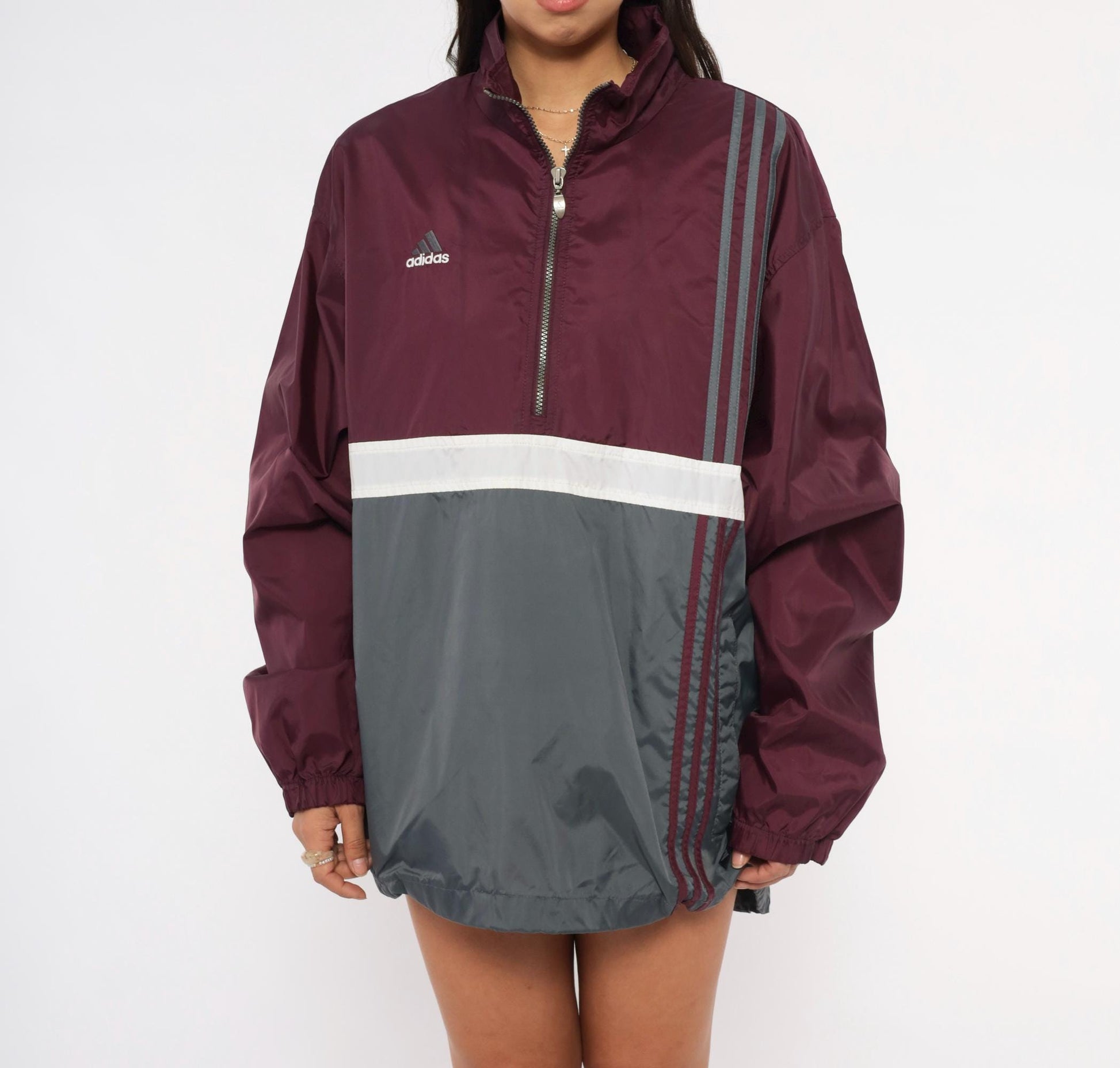 90s Adidas Half-Zip Windbreaker Burgundy Grey Colorblock Nylon Large