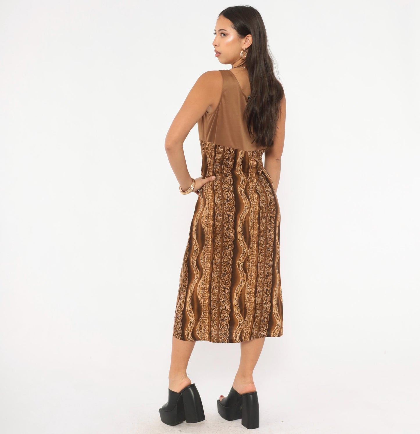 90s Molly Malloy Midi Dress Brown Tan Tribal Print Empire Waist Small