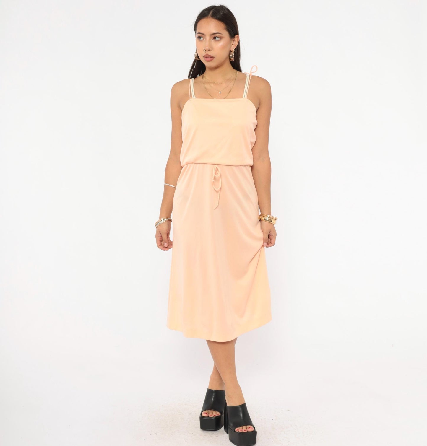 70s Peach Spaghetti Strap Midi Dress Tie Waist Blouson Bodice Small